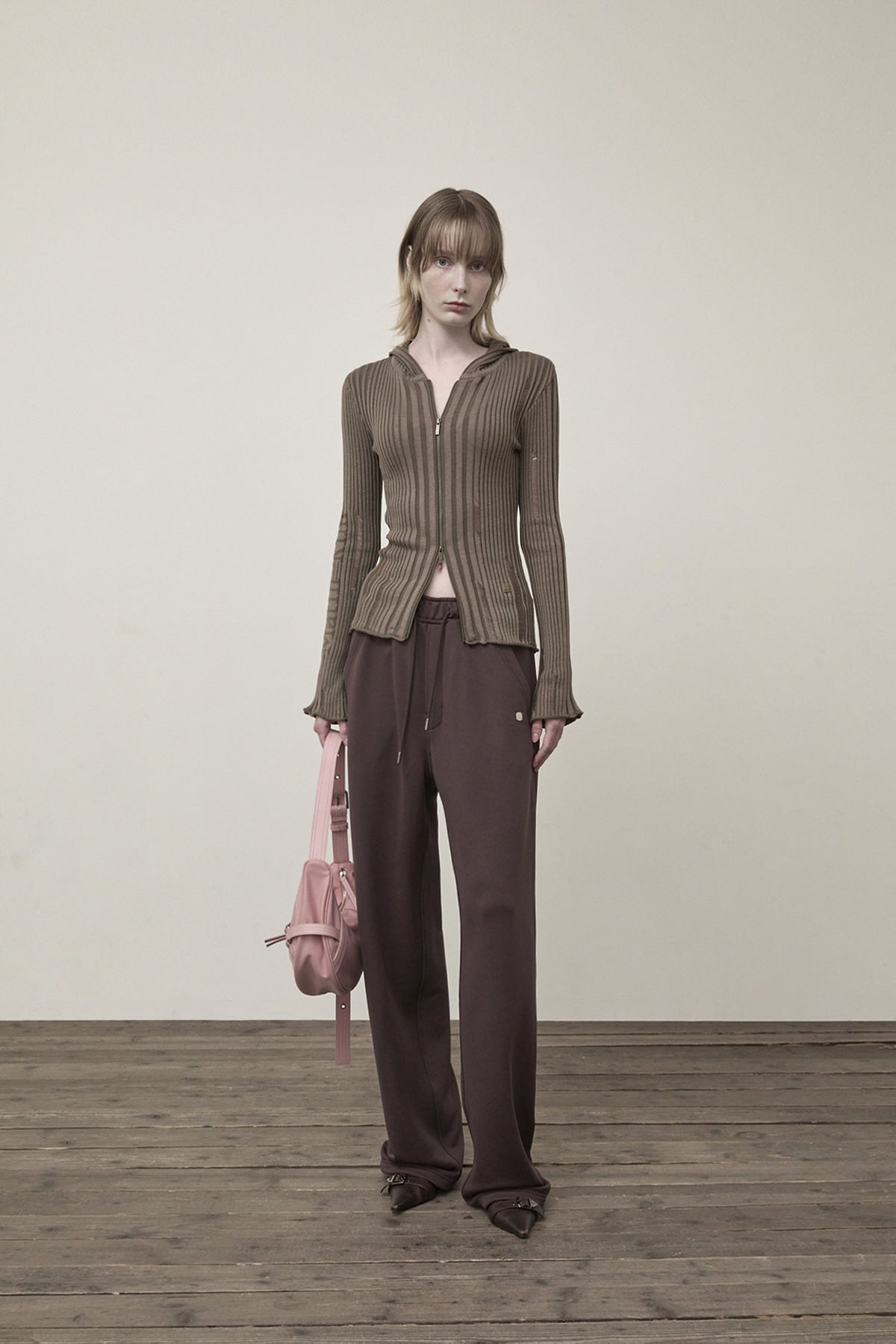 Matin Kim - Logo Point Damage Slim Hoody Cardigan (Khaki Brown) product image 8 | TRAB K-Fashion Australia