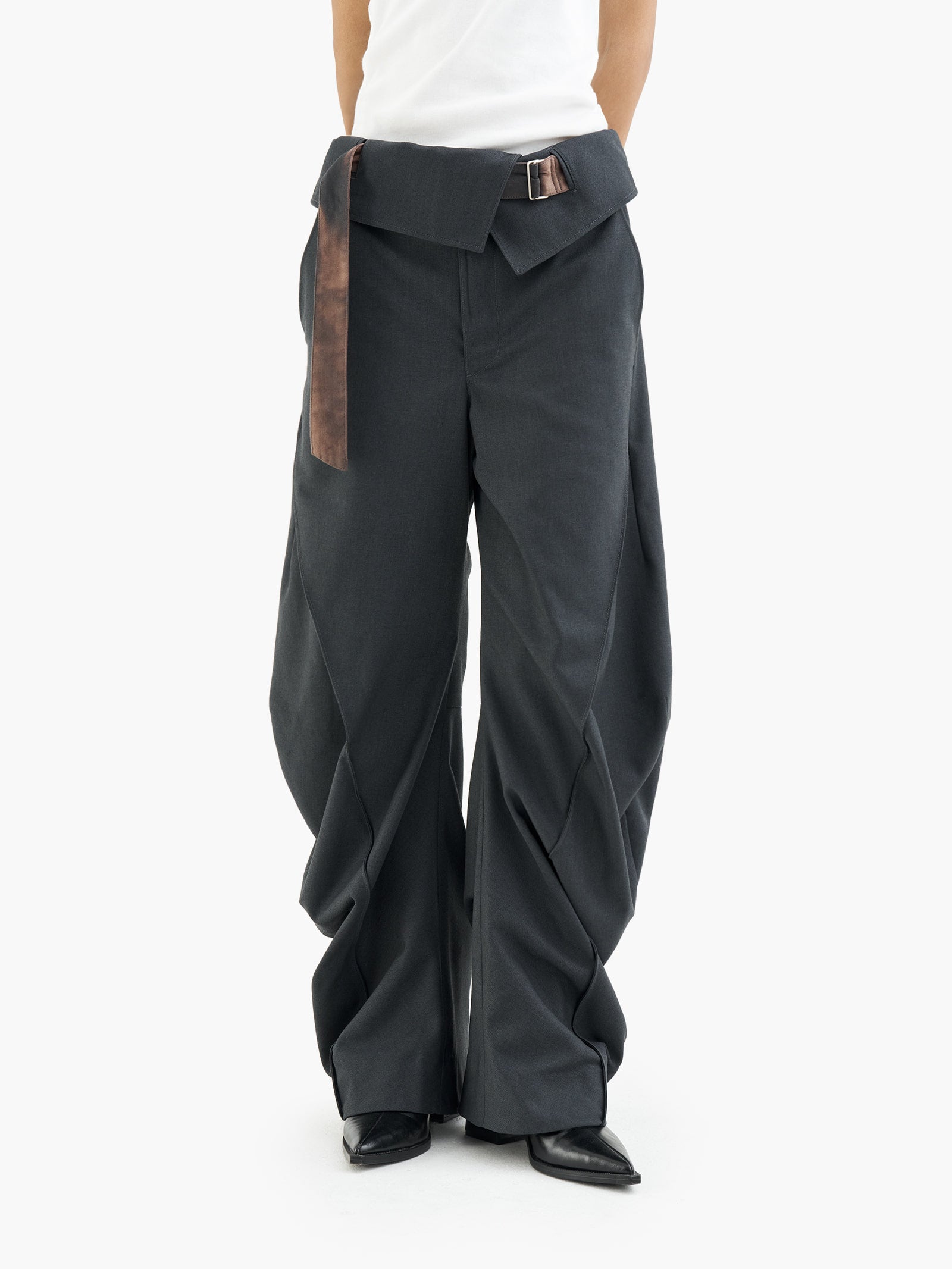 Jiyong Kim - Sun-Bleached Curved Trousers (Dark Grey) product image 7 | TRAB K-Fashion Australia
