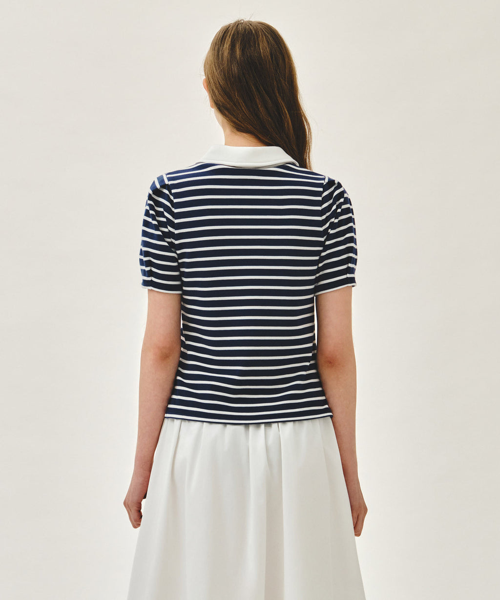 Marithe & Francois Girbaud - Collar Stripe Half Sleeve Crop Sweatshirt (Blue) product image 3 | TRAB K-Fashion Australia