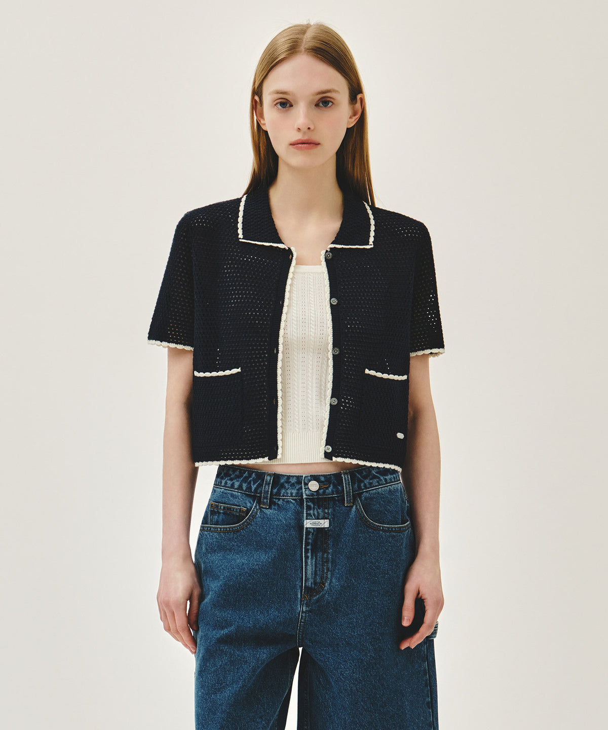 Marithe & Francois Girbaud - Crochet Half Knit Cardigan (Navy) product image 1 | TRAB K-Fashion Australia