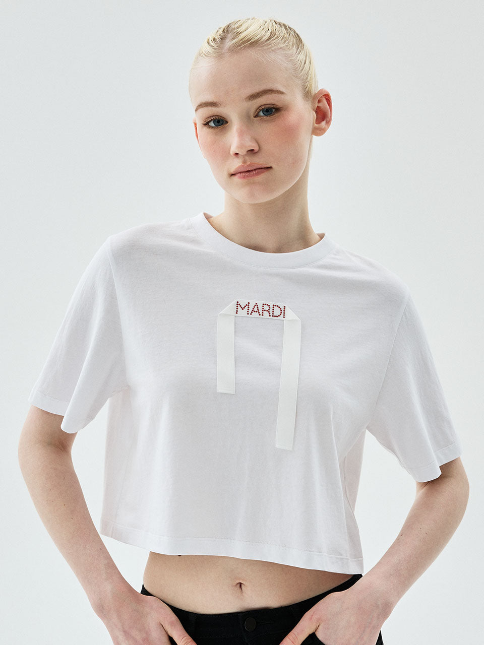 Mardi Mercredi - Cropped Basic Tshirt Logo Tape Detail (White) product image 1 | TRAB K-Fashion Australia