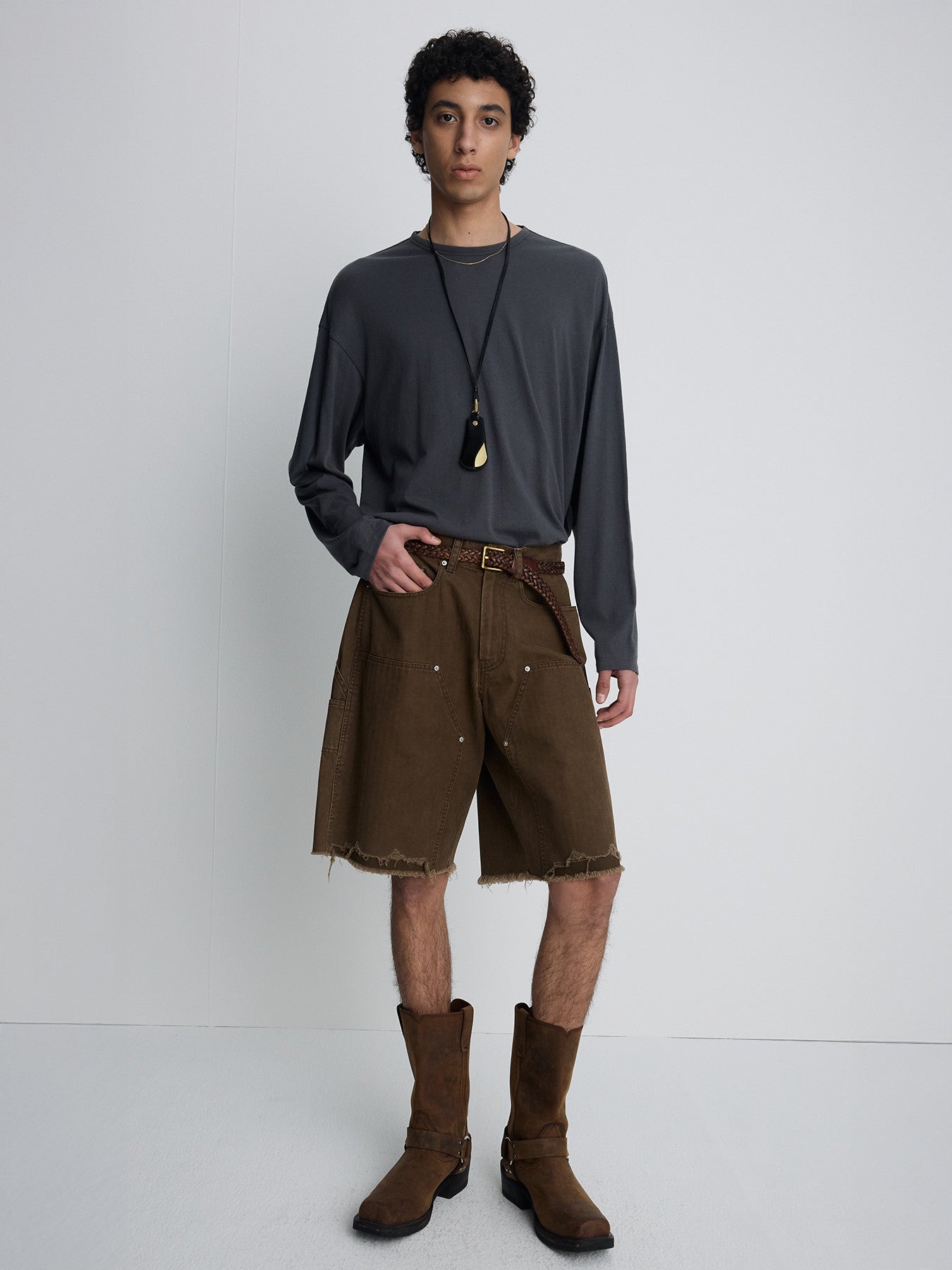 Tonywack - Hand Distressed Hbt Double Knee Shorts (Faded Brown) product image 1 | TRAB K-Fashion Australia