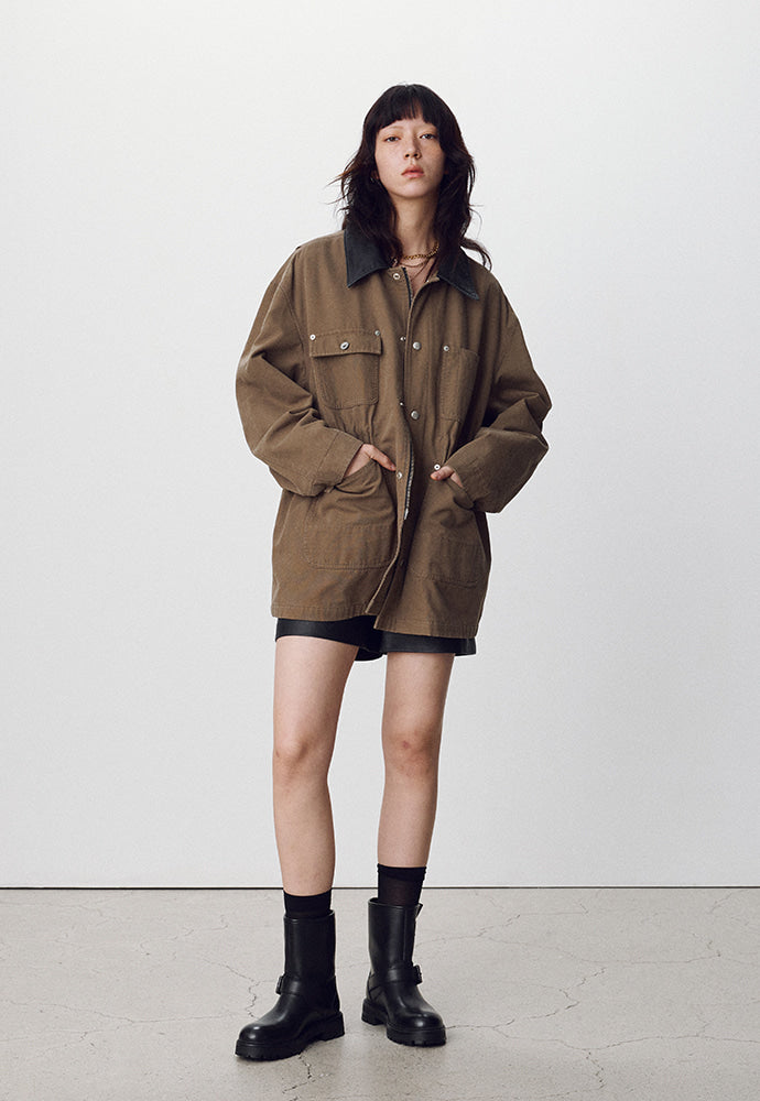 Tonywack - Leather Collar Garment-Washed Utility Jacket (Faded Olive) product image 7 | TRAB K-Fashion Australia