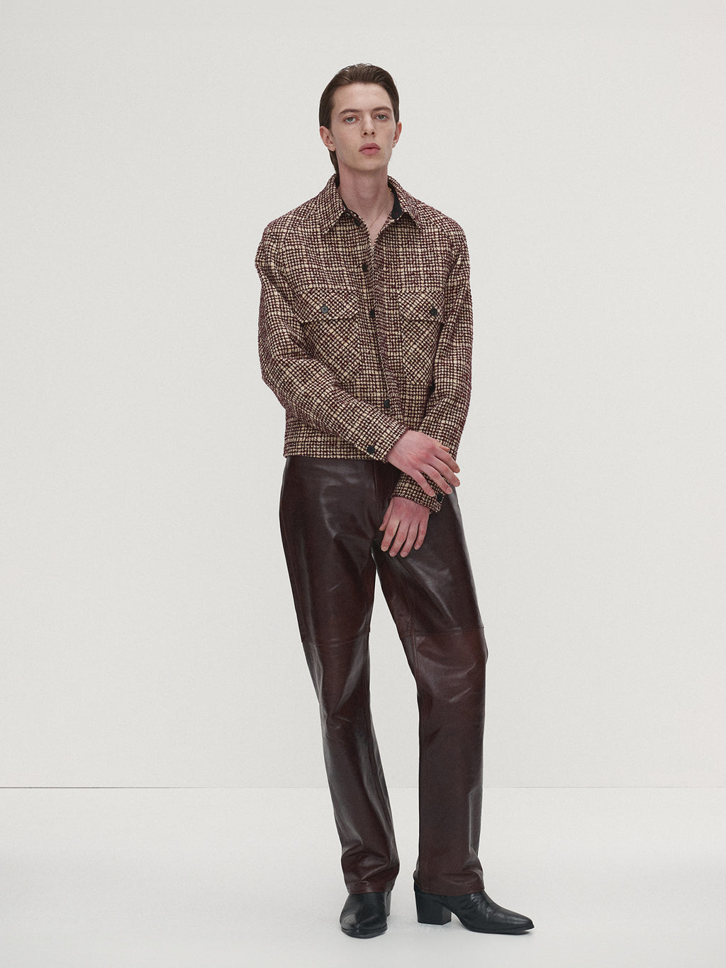 Tonywack - Checked Wool Tweed Shirt Jacket Italian Fabric (Burgundy/Ecru) product image 2 | TRAB K-Fashion Australia