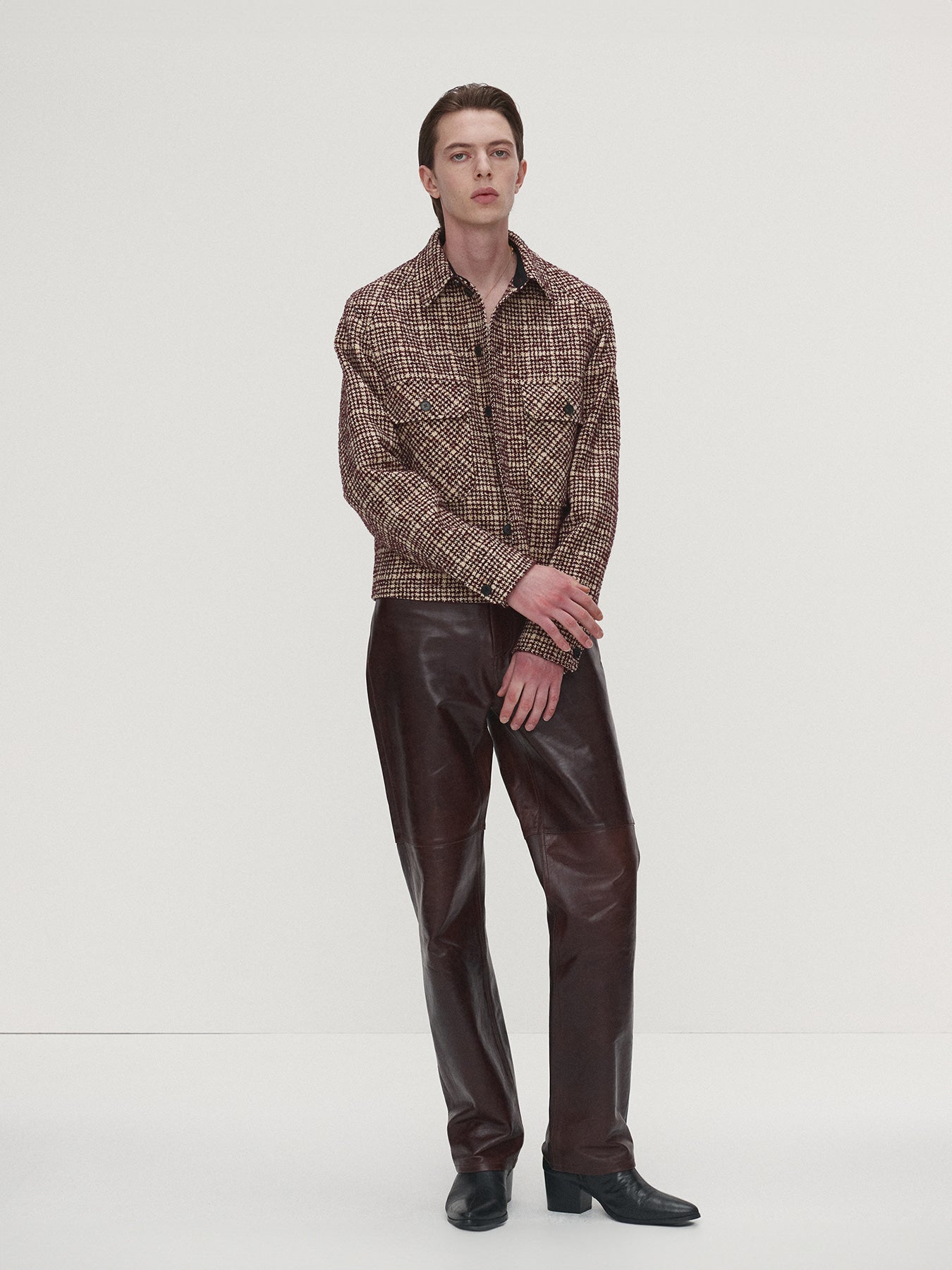 Tonywack - Checked Wool Tweed Shirt Jacket Italian Fabric (Burgundy/Ecru) product image 2 | TRAB K-Fashion Australia