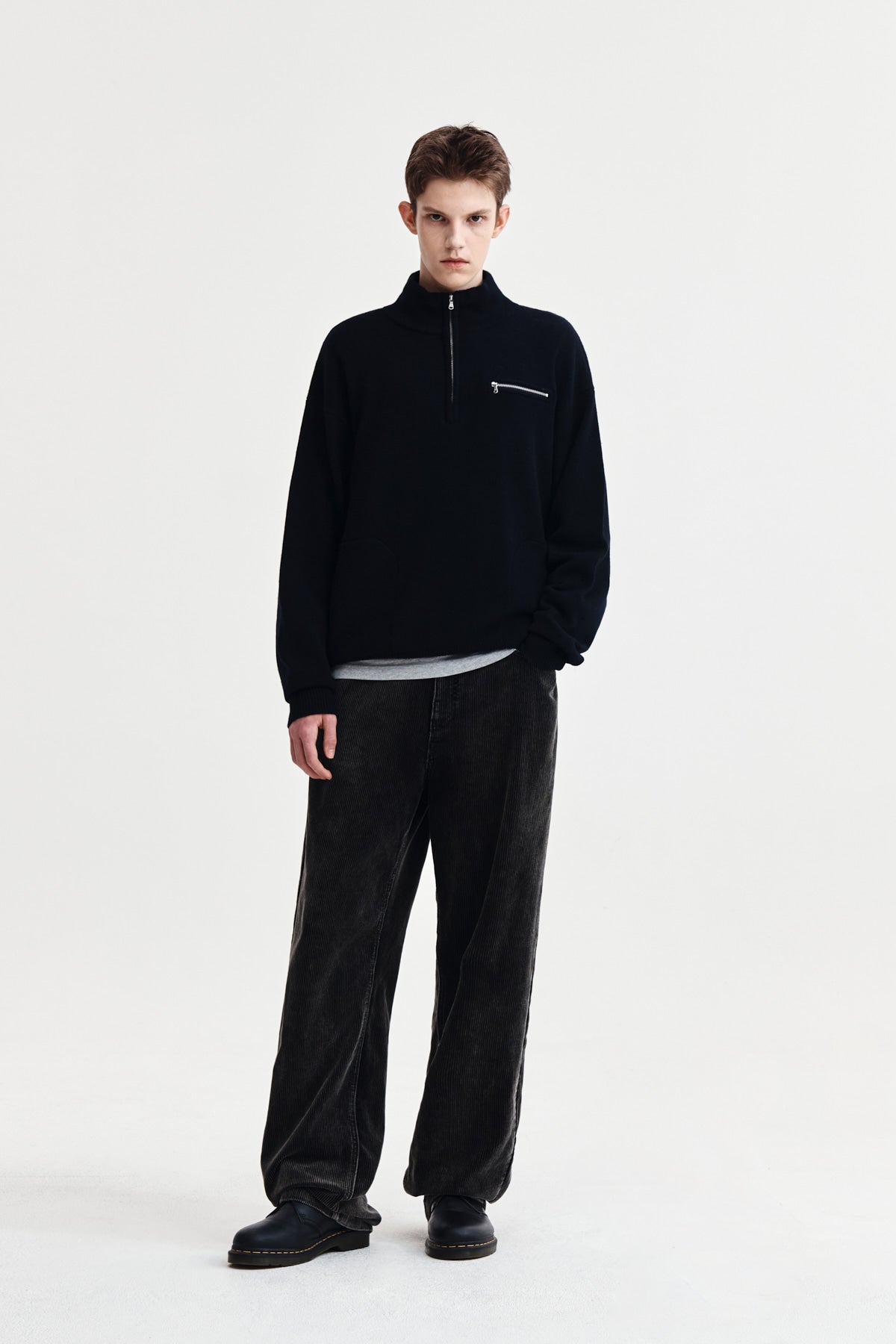 Matin Kim - Back Logo Half Knit Zip Up Pullover (Navy) product image 9 | TRAB K-Fashion Australia