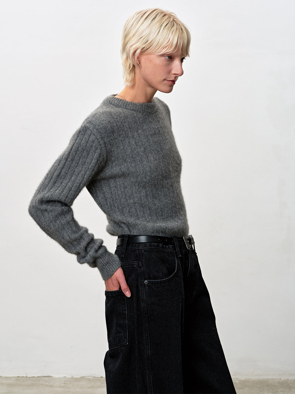 Tonywack - Superfine Merino Wool Tube Scarf Attaced Ribbed Sweater (Melange Grey) product image 3 | TRAB K-Fashion Australia