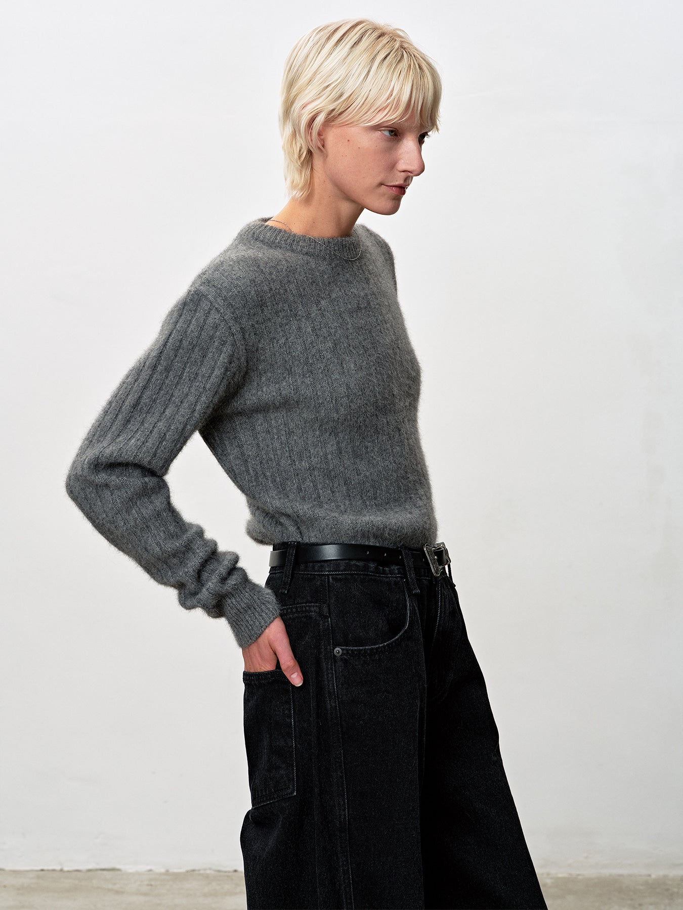 Tonywack - Superfine Merino Wool Tube Scarf Attaced Ribbed Sweater (Melange Grey) product image 3 | TRAB K-Fashion Australia