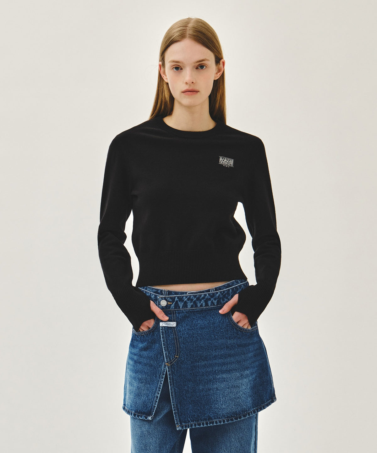 Marithe & Francois Girbaud - Small Classic Logo Crop Knit Pullover (Black) product image 1 | TRAB K-Fashion Australia