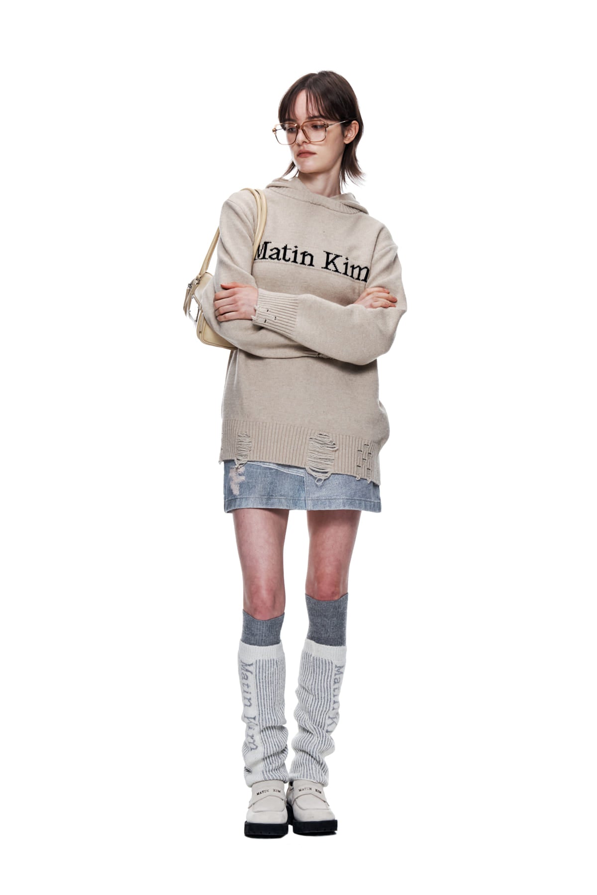 Matin Kim - Damage Logo Knit Hoodie (Beige) product image 9 | TRAB K-Fashion Australia