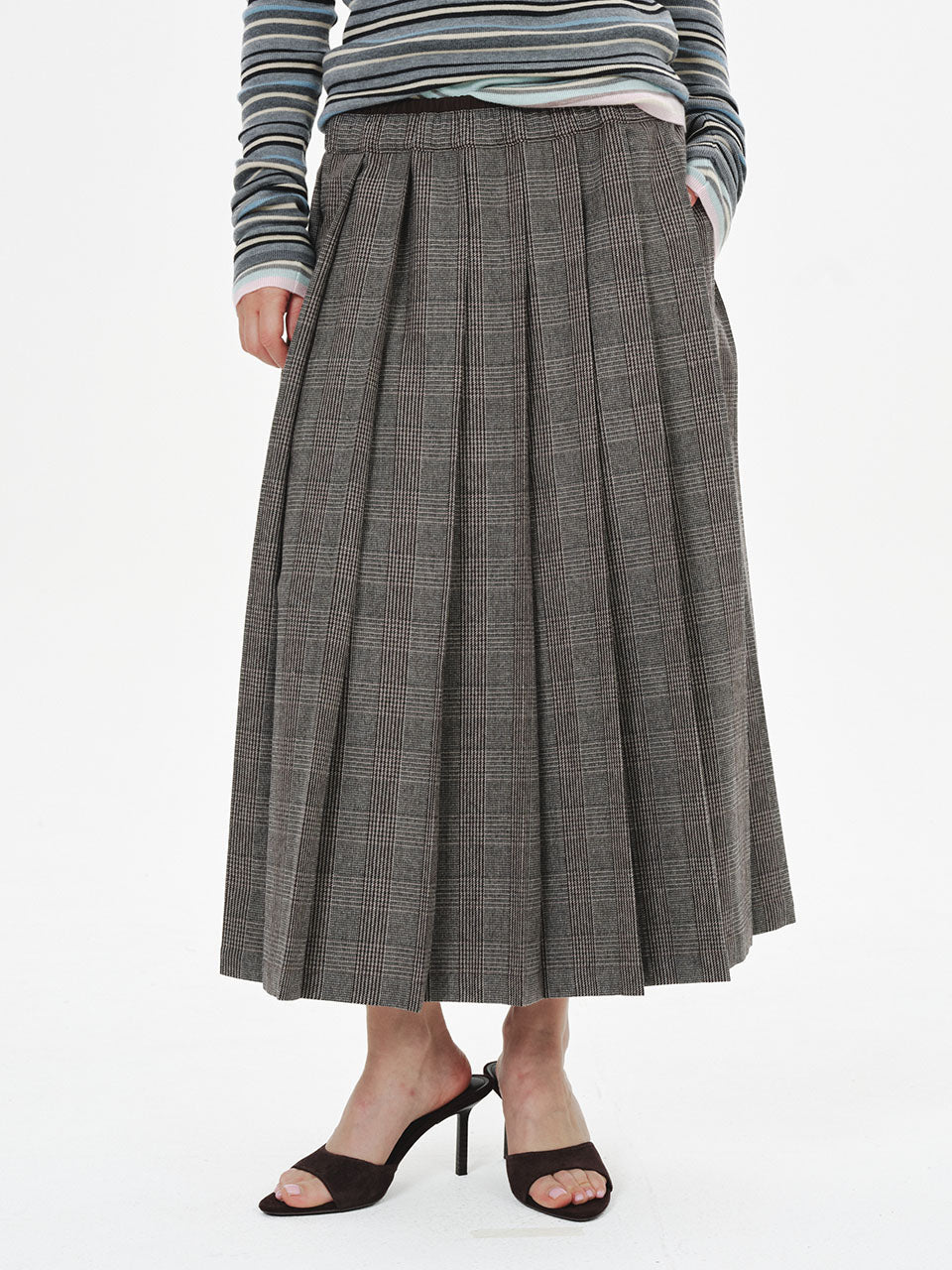 Mardi Mercredi - Wool Pleated Midi Skirt Glen Check Drawstring (Taupe) product image 1 | TRAB K-Fashion Australia