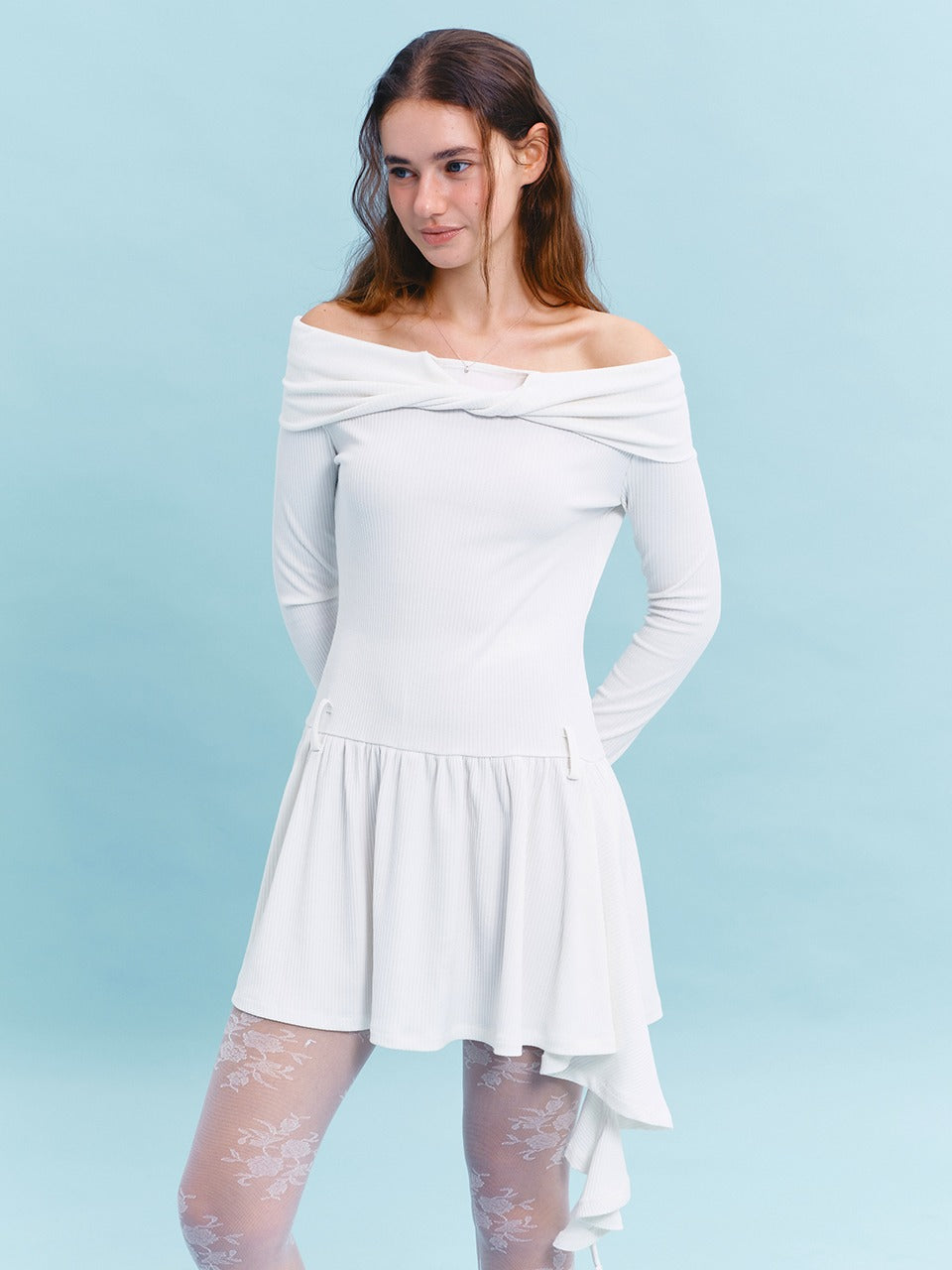 Margarin Fingers - Off Shoulder Ruffle Dress (Cream) product image 1 | TRAB K-Fashion Australia