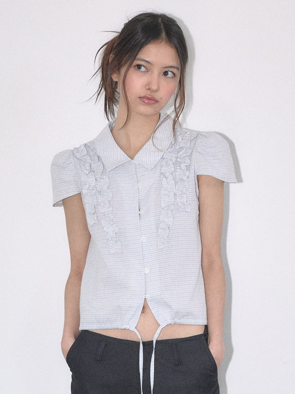 Margarin Fingers - Frill Mixed Blouse (Light Blue) product image 1 | TRAB K-Fashion Australia