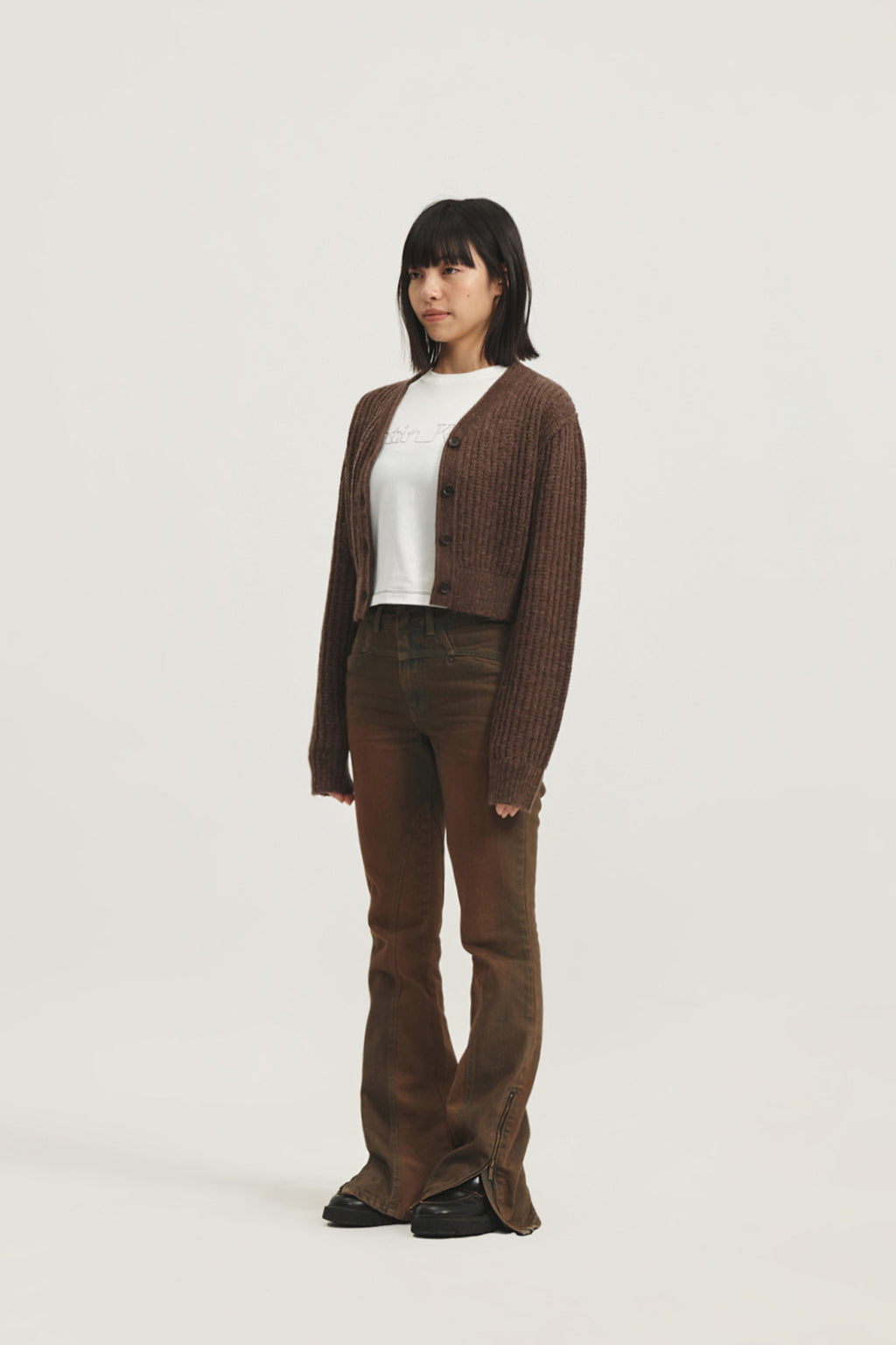 Matin Kim - Peaches Zipper Detail Boots Cut Denim Pants (Brown) product image 8 | TRAB K-Fashion Australia