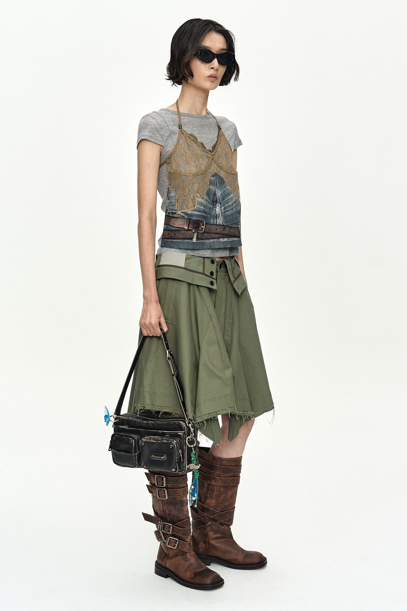 Andersson Bell - Belted Denim Printed Lace Bustier (Mid Blue/Khaki) product image 3 | TRAB K-Fashion Australia