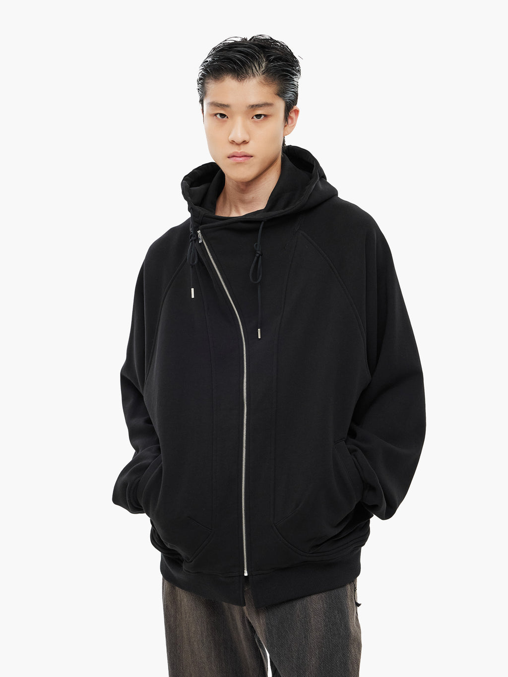 Jiyong Kim - Asymmetric Zip-Up Hoodie (Black) product image 2 | TRAB K-Fashion Australia