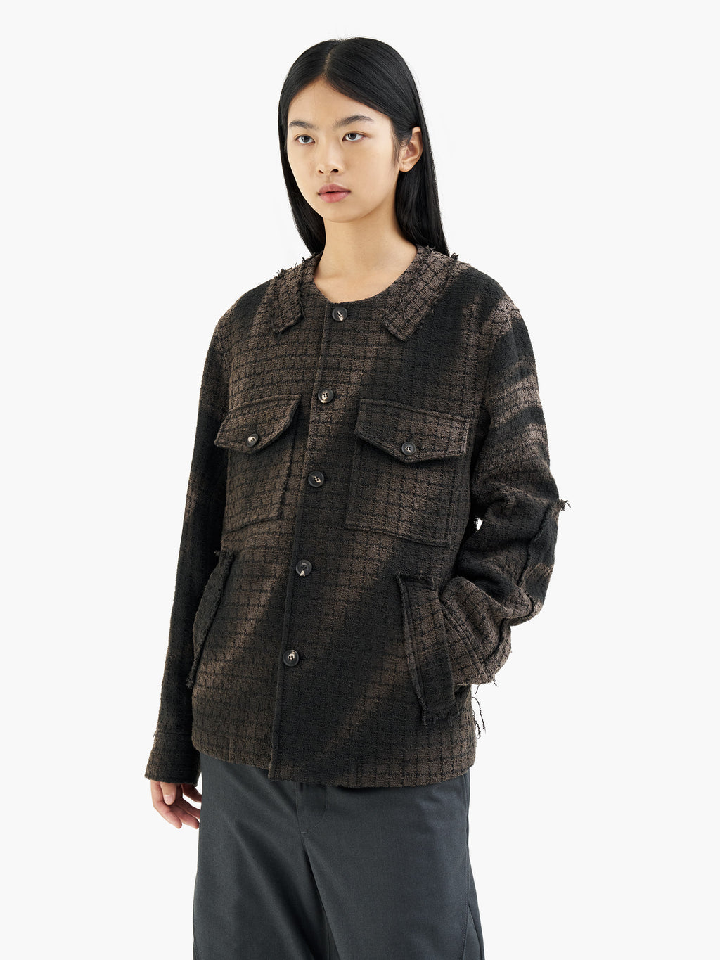 Jiyong Kim - Sun-Bleached Collarless Tweed Jacket (Black) product image 4 | TRAB K-Fashion Australia