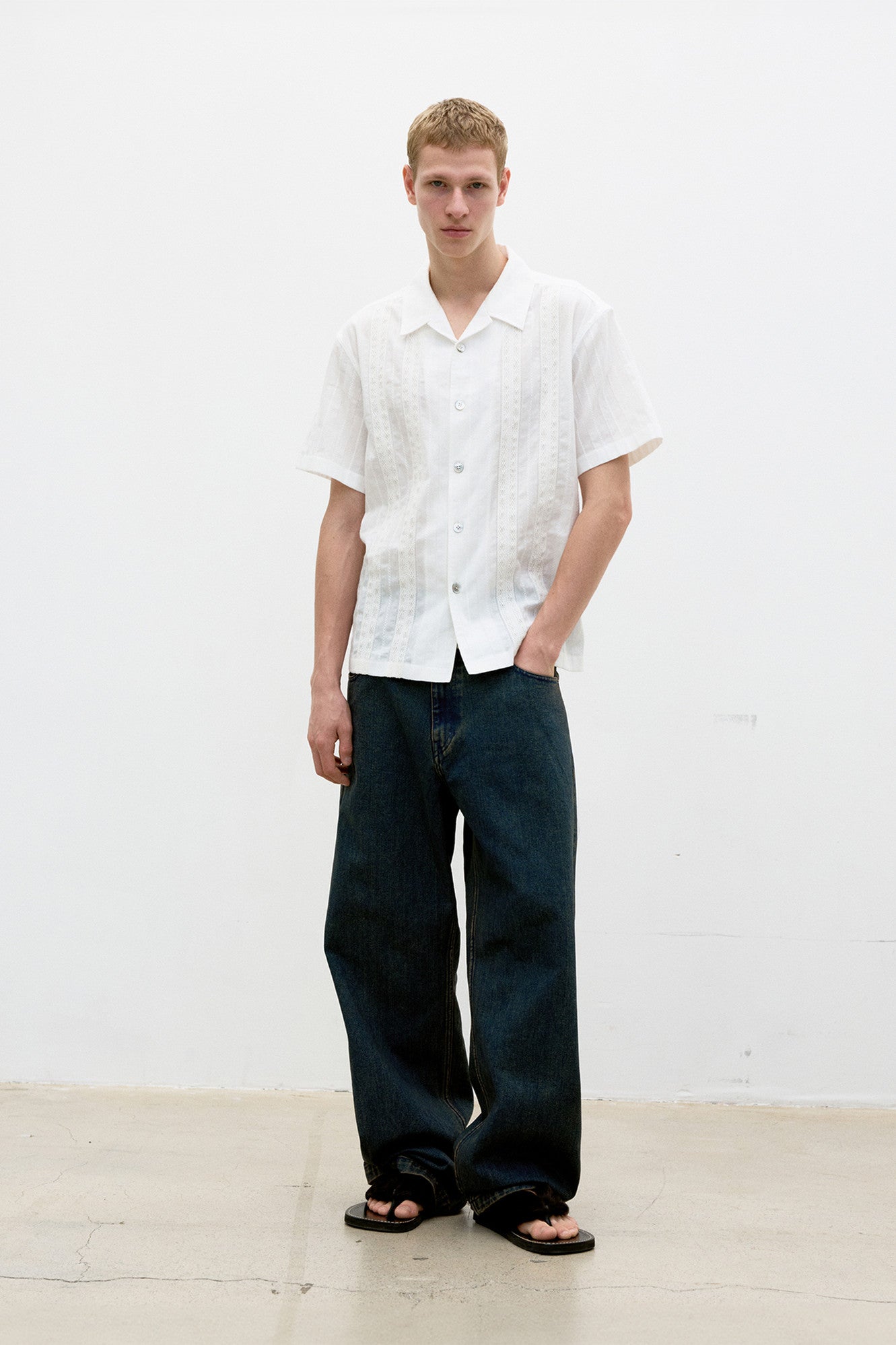 Coor - Guayabera Tape Half Shirt (White) product image 2 | TRAB K-Fashion Australia