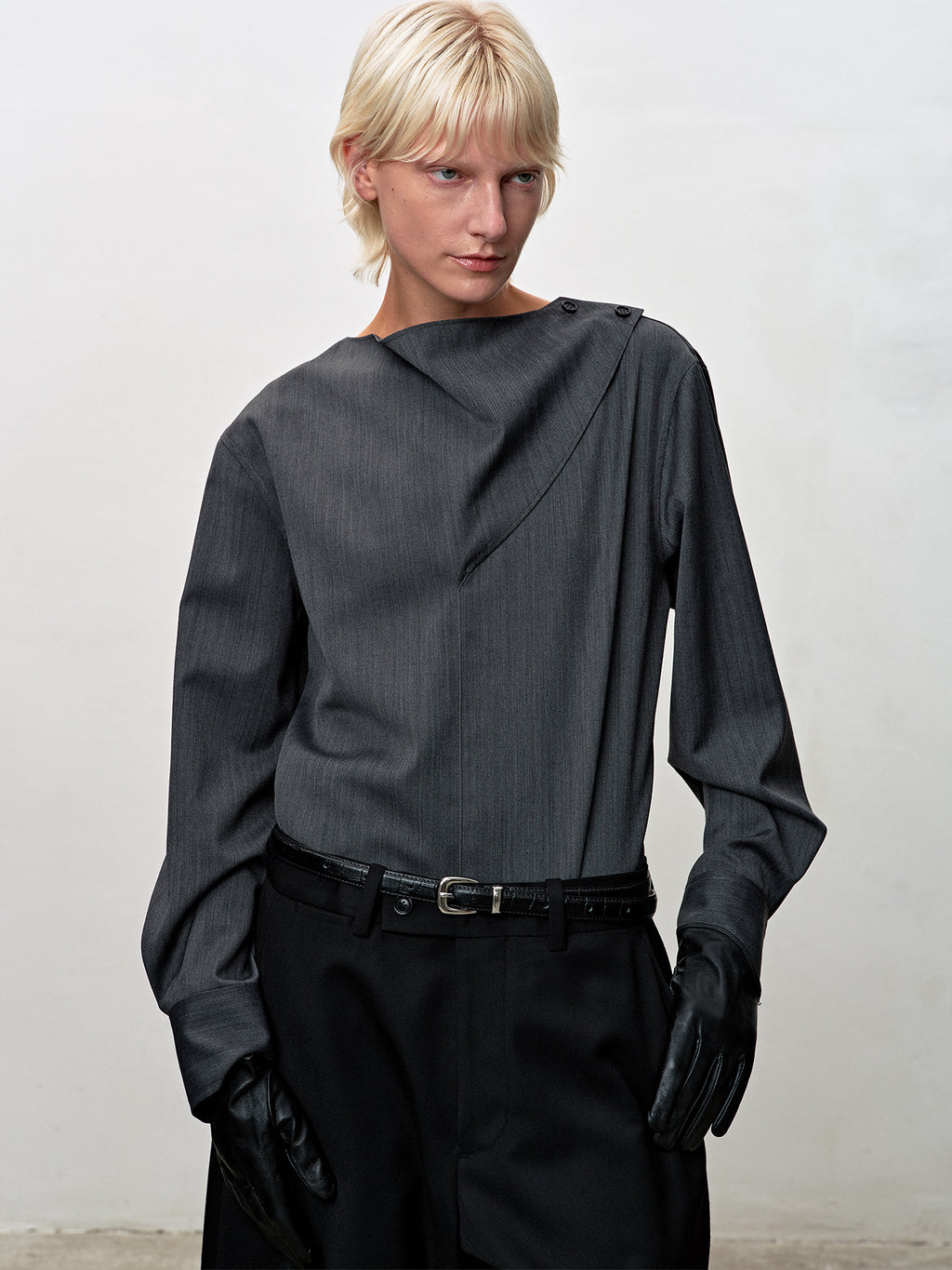 Tonywack - Herringbone Wool Cowl-Neck Blouse (Mid-Grey Herringbone) product image 3 | TRAB K-Fashion Australia