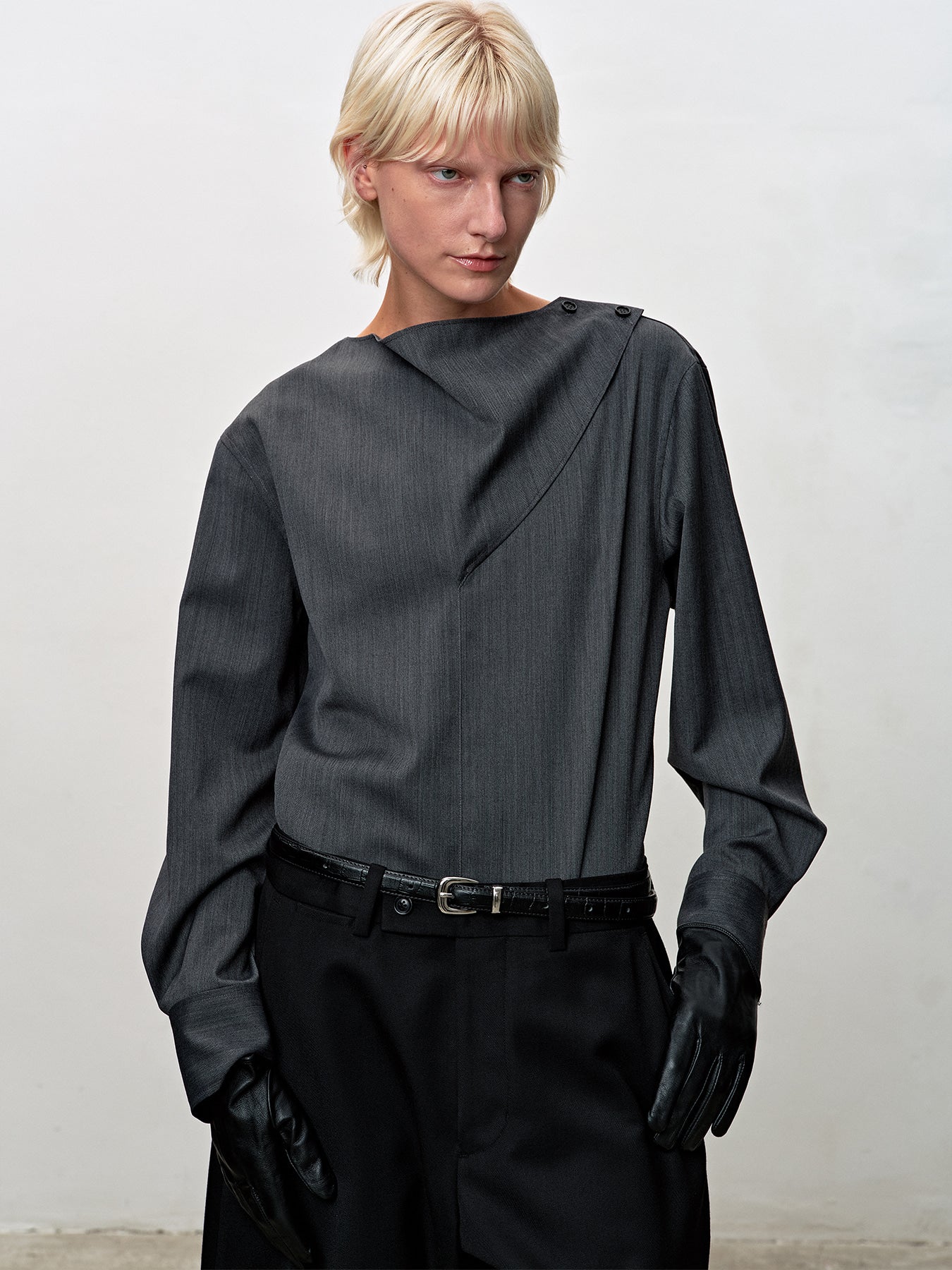 Tonywack - Herringbone Wool Cowl-Neck Blouse (Mid-Grey Herringbone) product image 3 | TRAB K-Fashion Australia