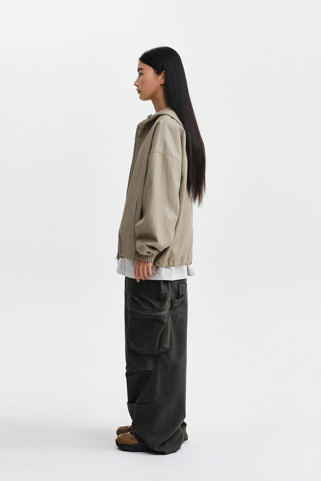 Matin Kim - Faux Leather Applique Logo Hoody Jumper (Beige) product image 7 | TRAB K-Fashion Australia