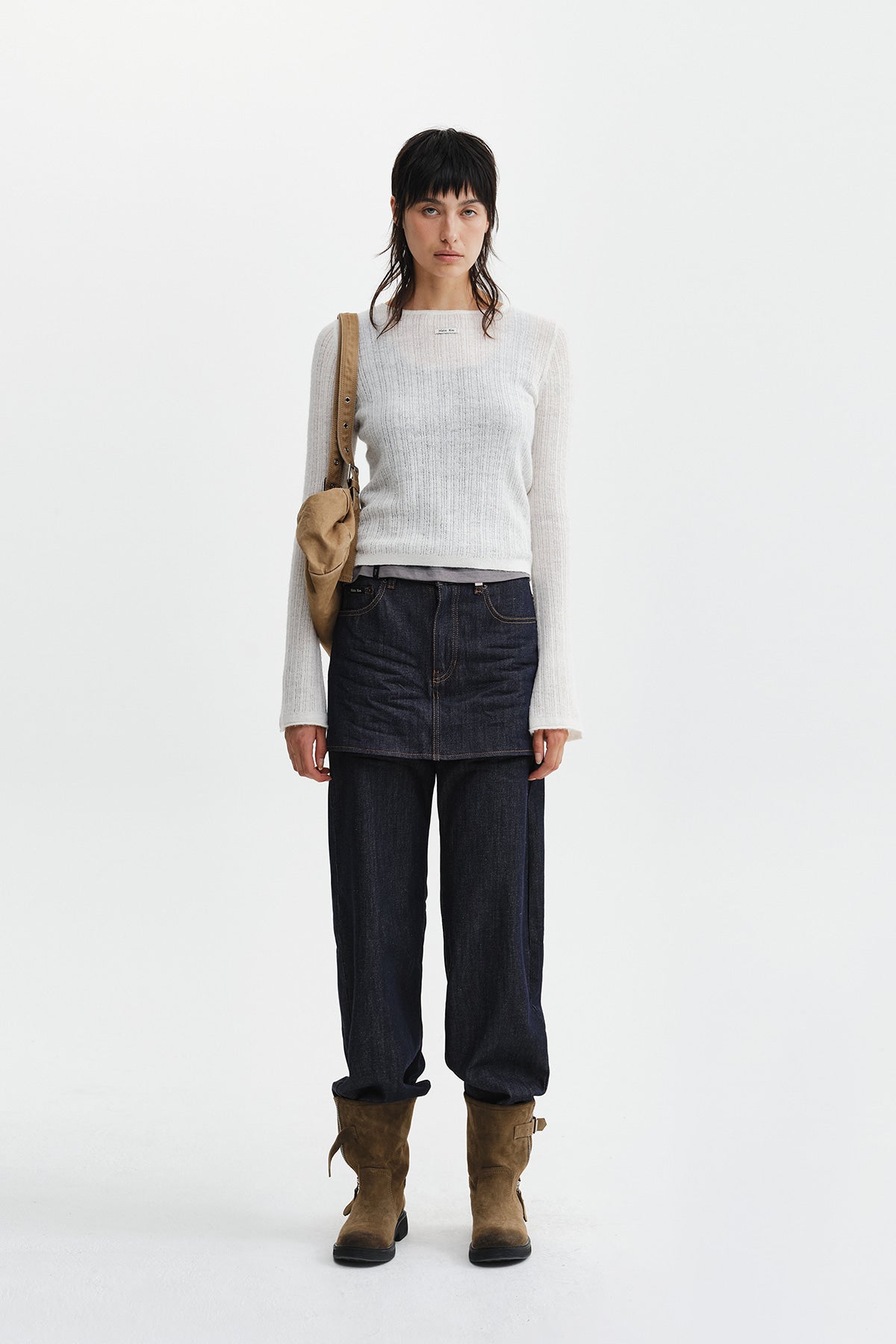 Matin Kim - Skirt Overlay Denim Pants (Dark Navy) product image 10 | TRAB K-Fashion Australia