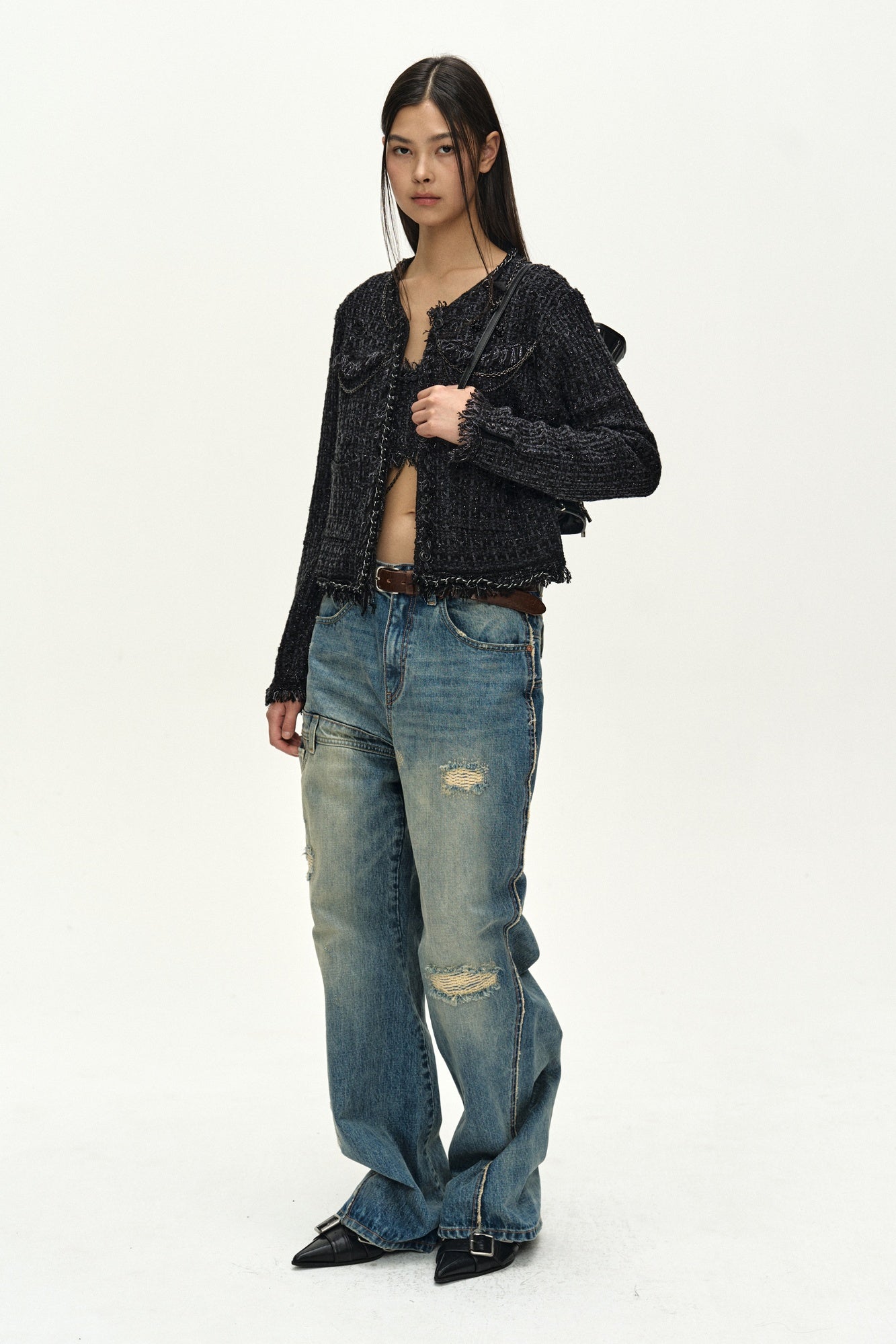 Andersson Bell - [Pre-Order – Ships August 3] Raw Chain-Edge Tweed Jacket (black) (Black) product image 3 | TRAB K-Fashion Australia