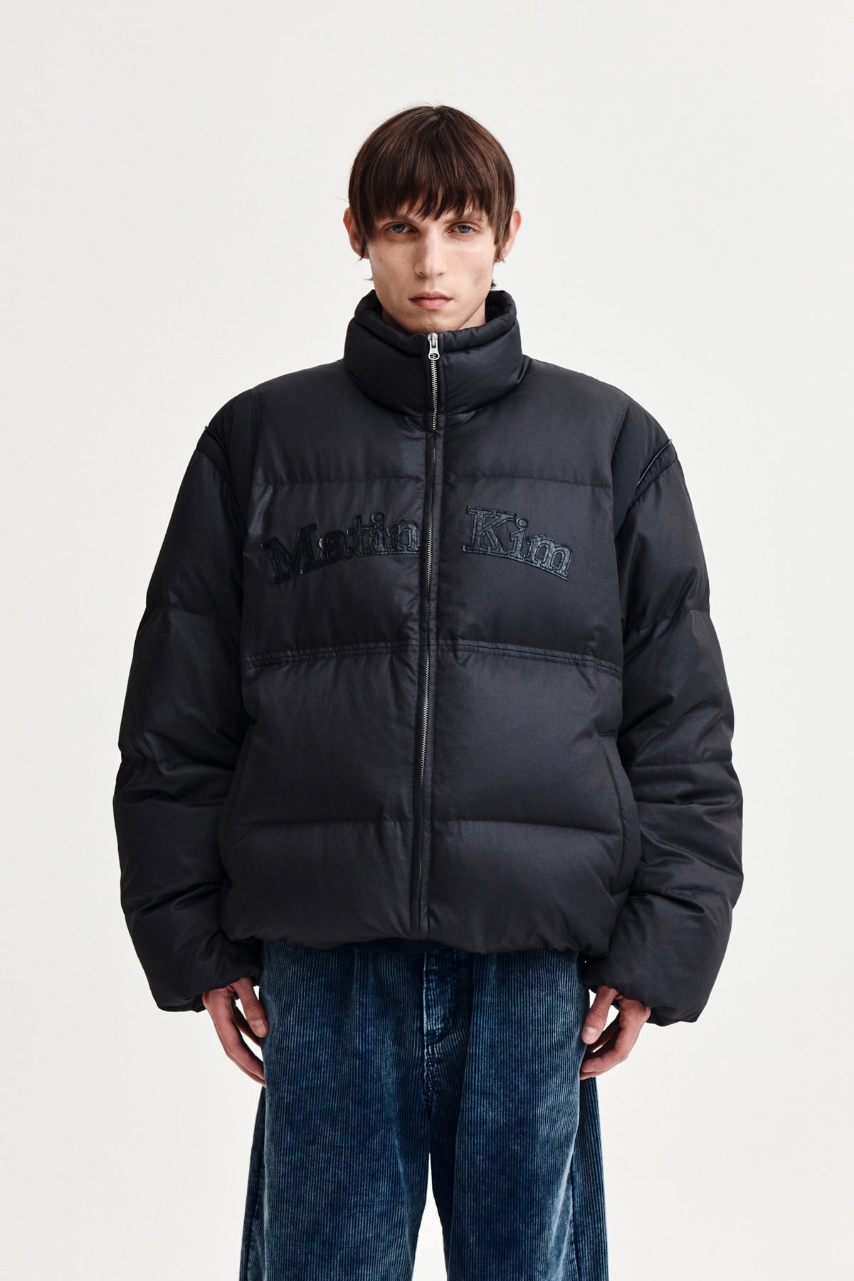 Matin Kim - Logo Applique Glossy Down Jumper (Charcoal) product image 1 | TRAB K-Fashion Australia