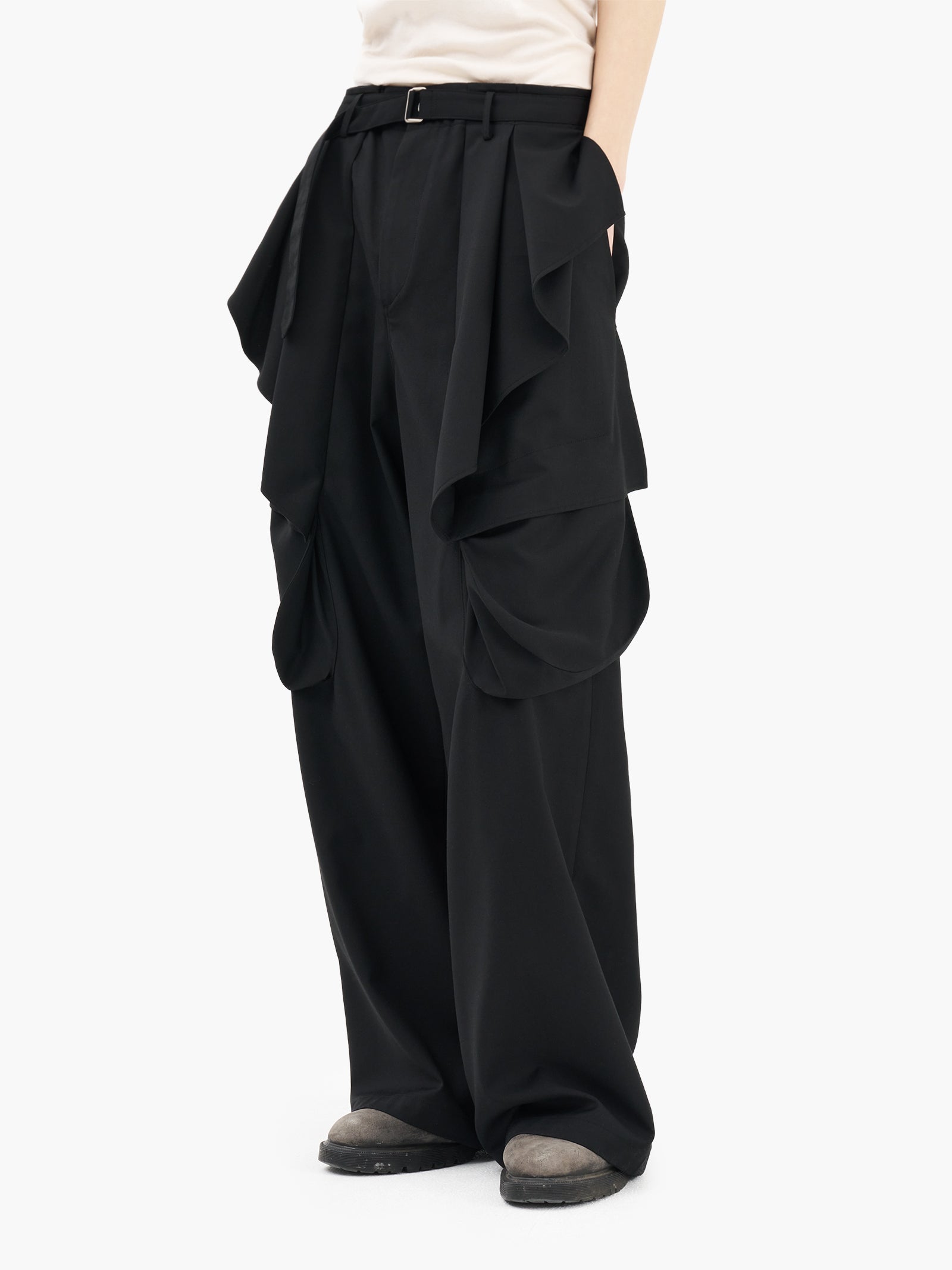 Jiyong Kim - Wide Leg Belted Drape Trousers (Black) product image 1 | TRAB K-Fashion Australia