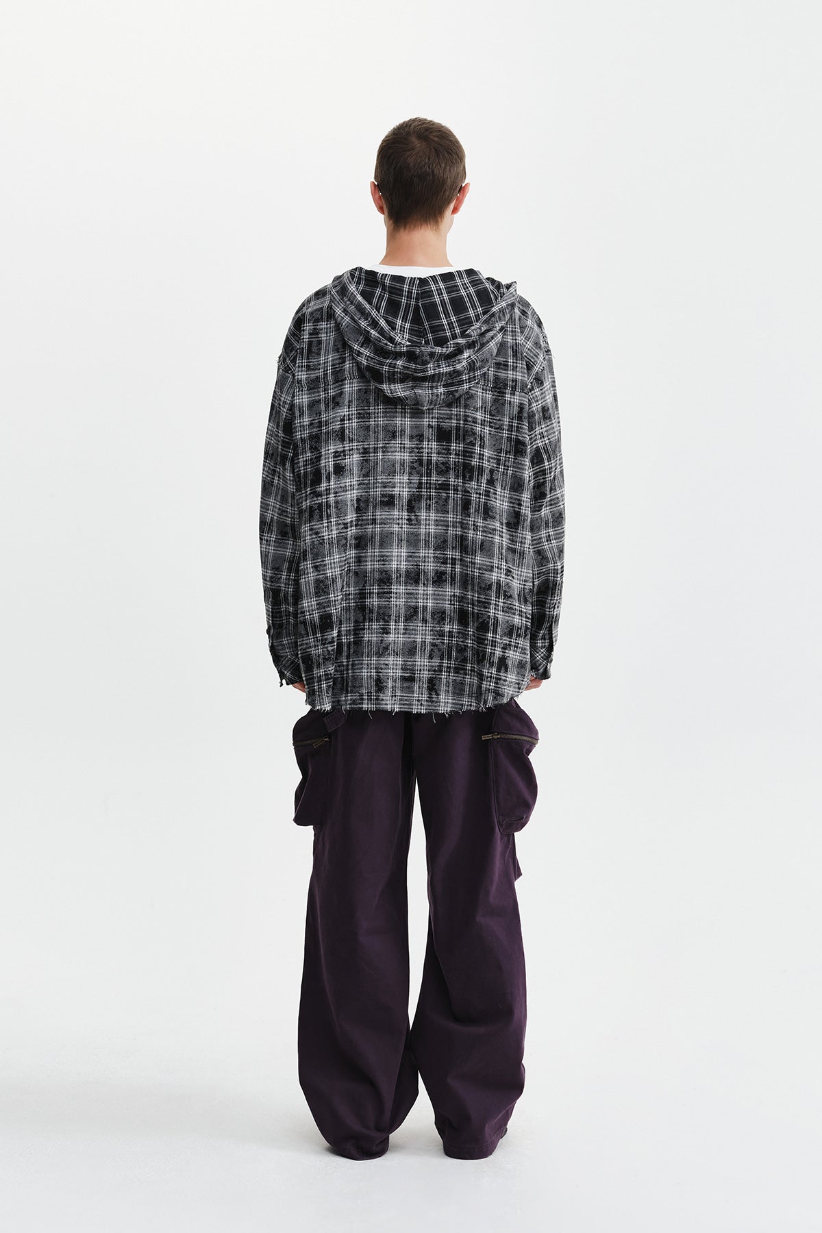 Matin Kim - Raw Cut Check Hooded Shirt (Black) product image 8 | TRAB K-Fashion Australia