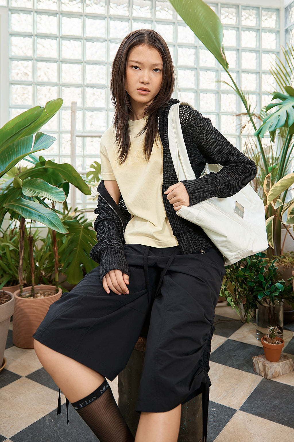 Matin Kim - Two Tone Mesh Knit Hoody Zip Up (Black) product image 10 | TRAB K-Fashion Australia