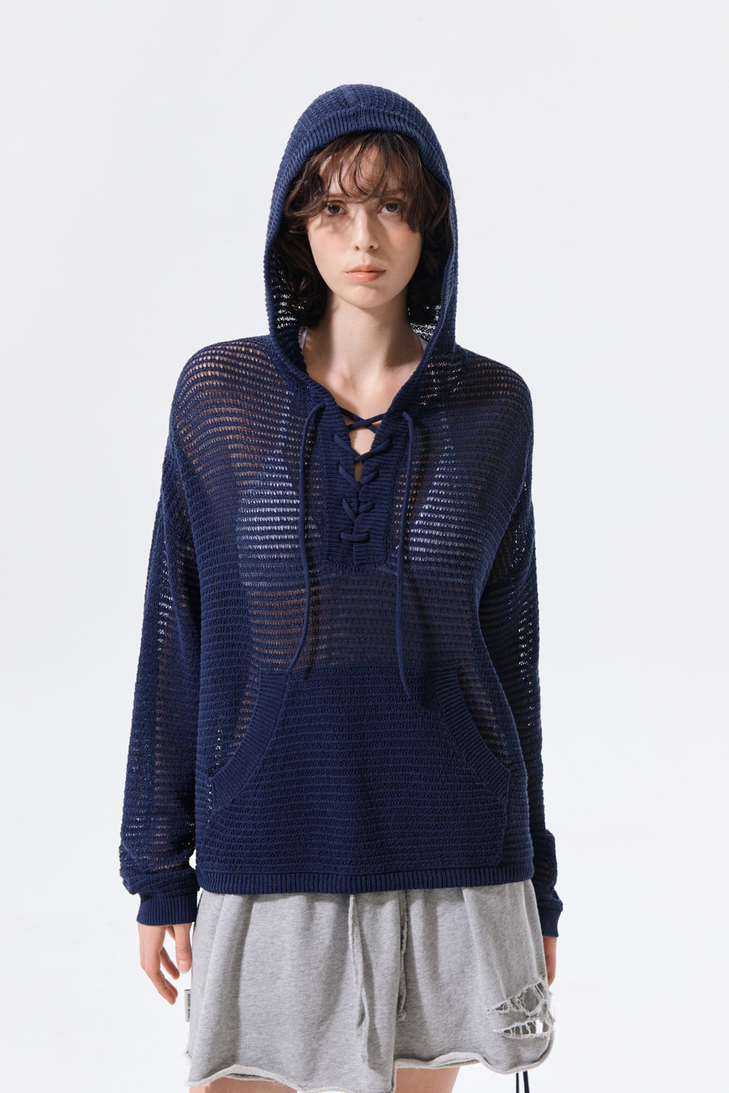 Matin Kim - Oversized Mesh Knit Hoodie (Navy) product image 10 | TRAB K-Fashion Australia