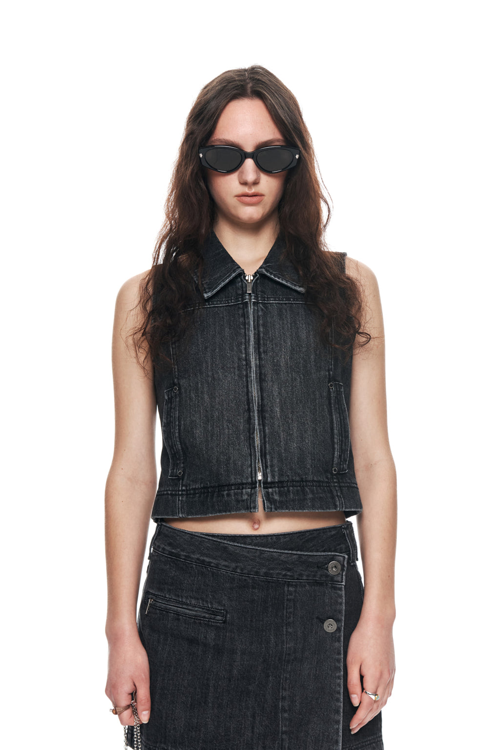 Matin Kim - Slim Zip Up Denim Vest (Black) product image 5 | TRAB K-Fashion Australia