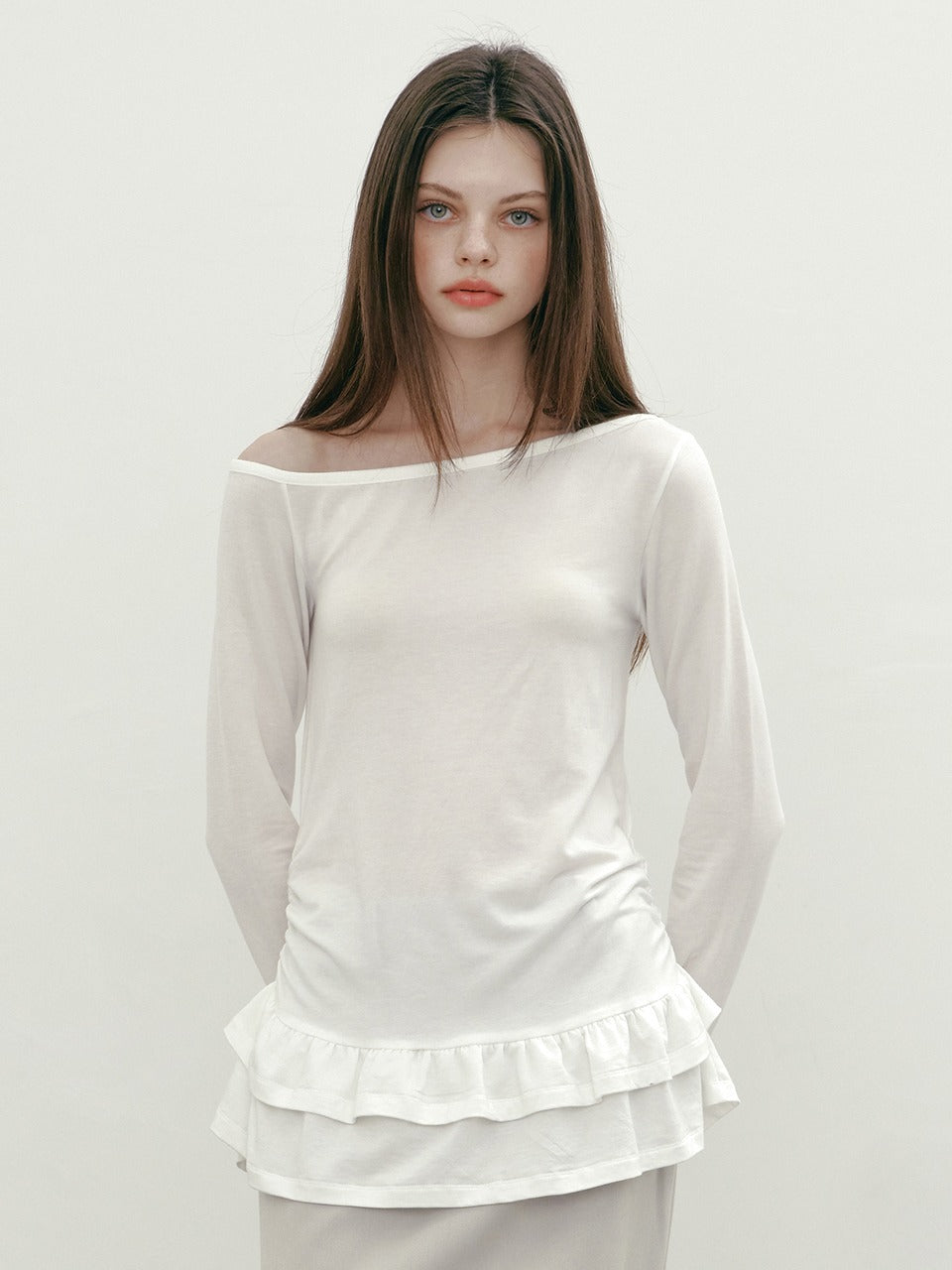 Margarin Fingers - One Shoulder Frill T (White) product image 1 | TRAB K-Fashion Australia