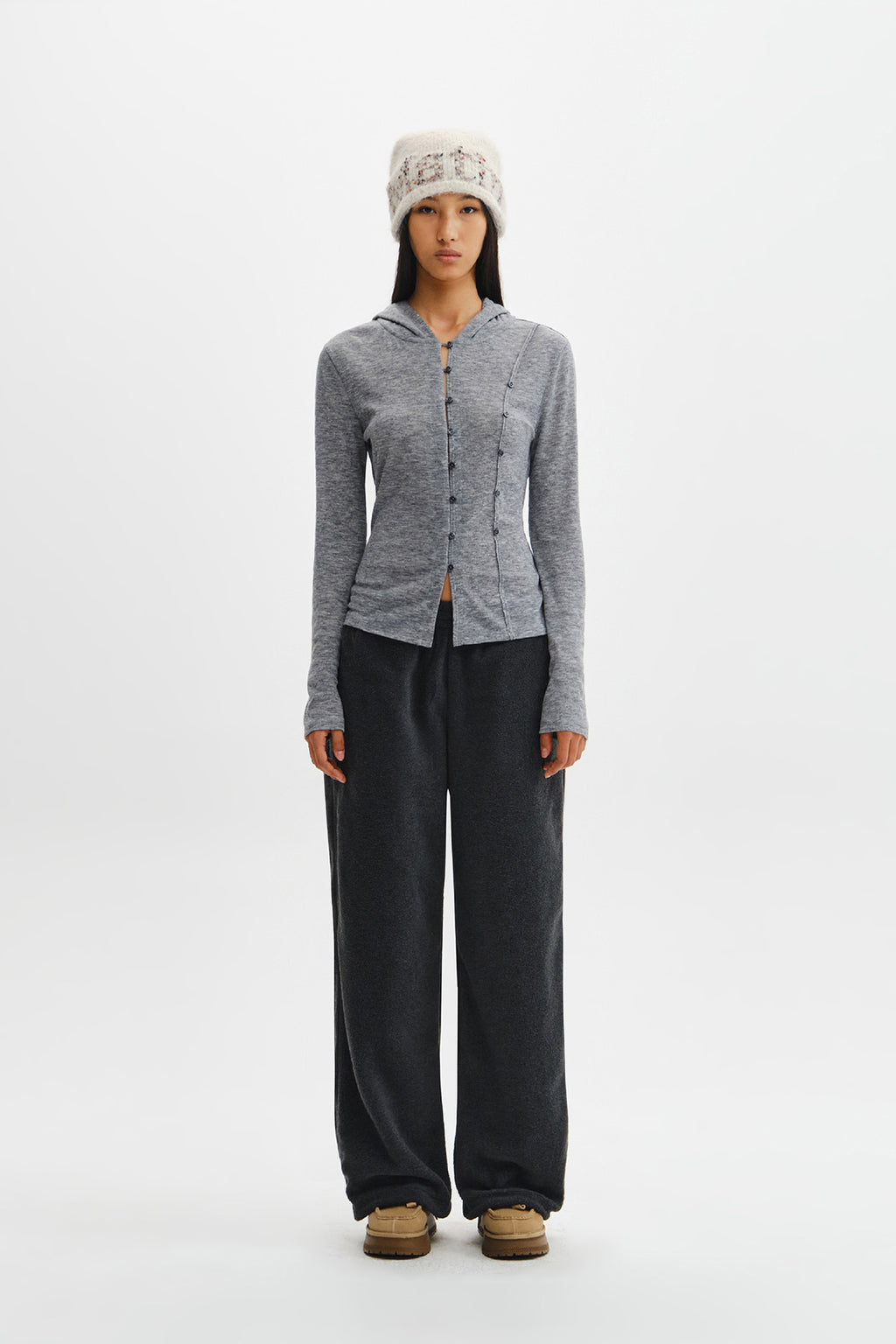 Matin Kim - Double Layer Button Hood Top (Grey) product image 12 | TRAB K-Fashion Australia