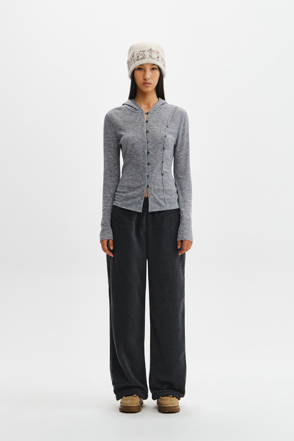 Matin Kim - Double Layer Button Hood Top (Grey) product image 12 | TRAB K-Fashion Australia