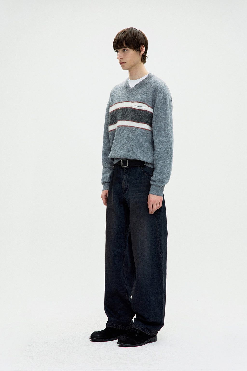 Coor - Alpaca Blend Striped V-Neck Sweater (Melange Gray) product image 3 | TRAB K-Fashion Australia