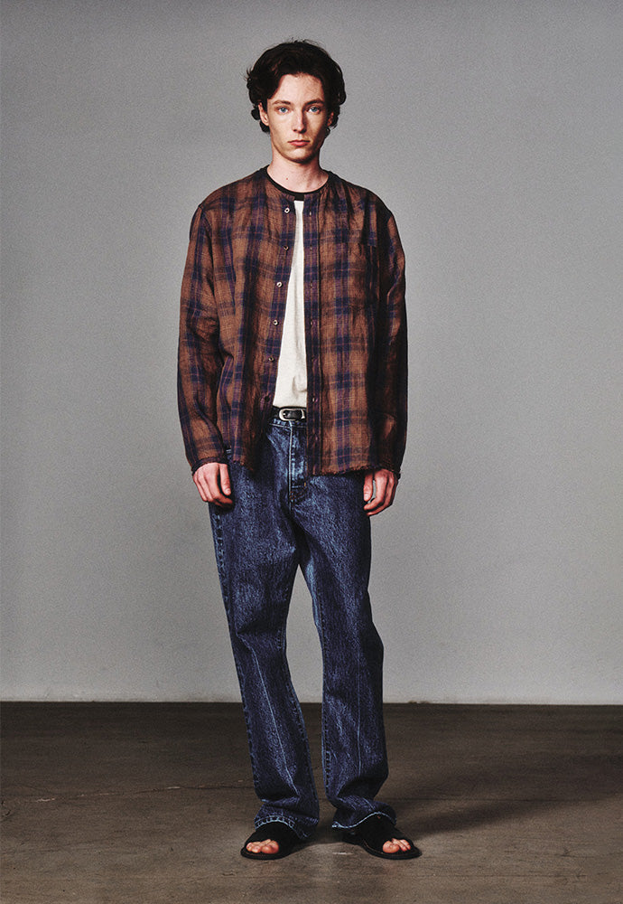 Art if acts - Non Collar Linen French Check Shirt (Blue/Brown) product image 2 | TRAB K-Fashion Australia