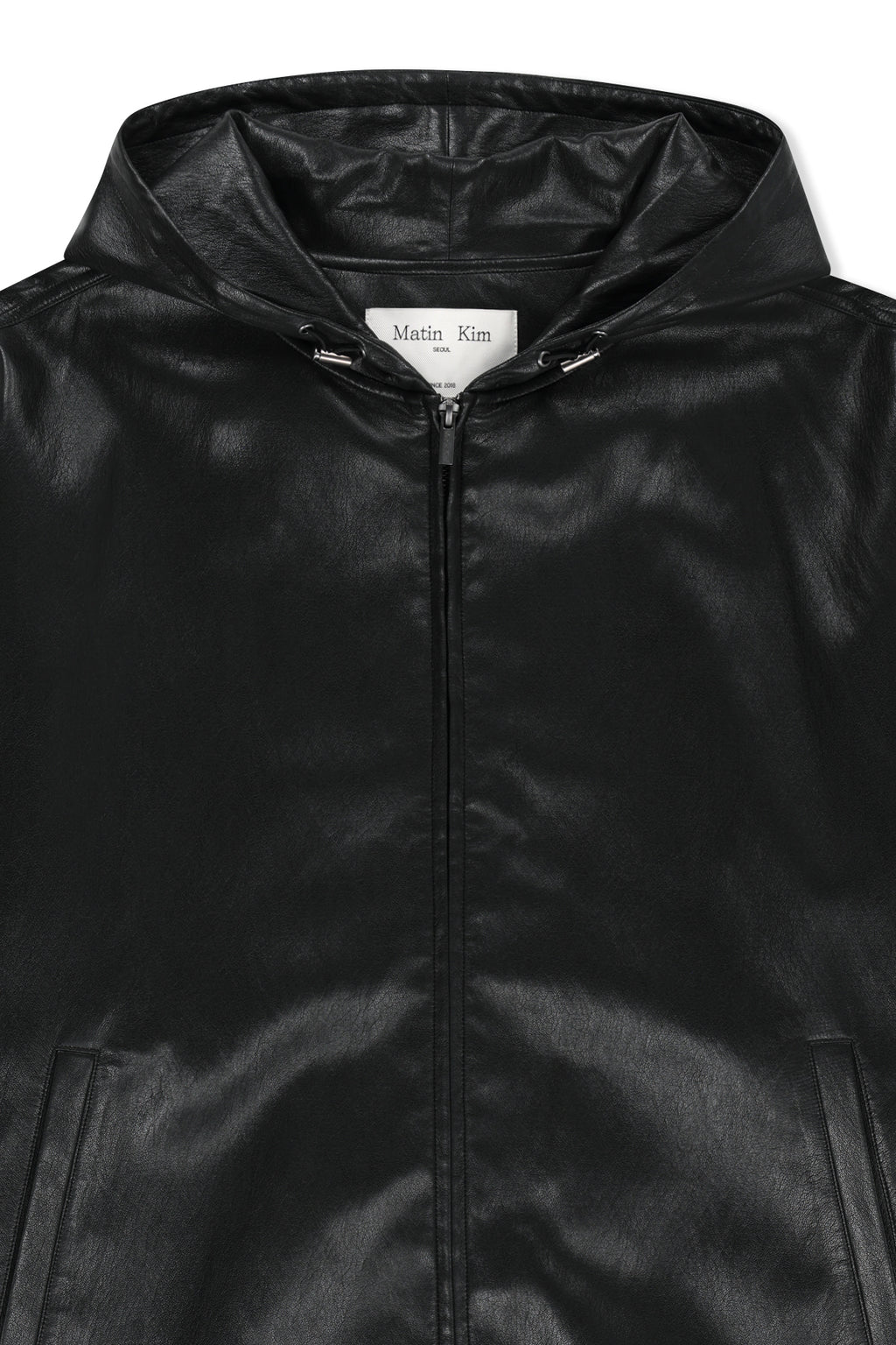Matin Kim - Faux Leather Applique Logo Hoody Jumper (Black) product image 3 | TRAB K-Fashion Australia