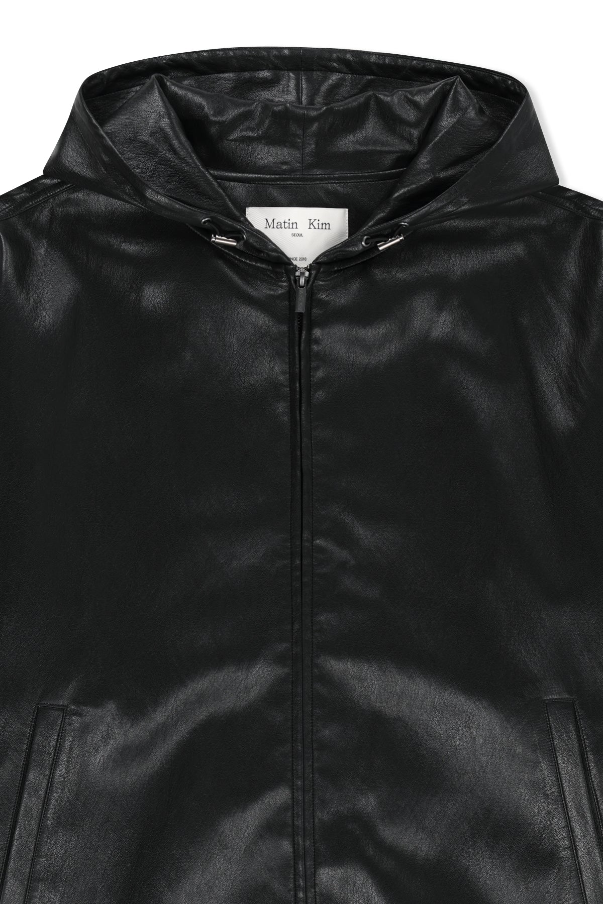 Matin Kim - Faux Leather Applique Logo Hoody Jumper (Black) product image 3 | TRAB K-Fashion Australia