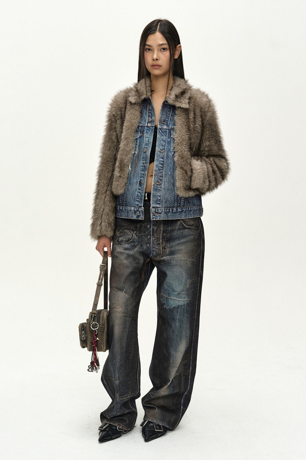 Andersson Bell - Fur On Denim Jacket (Grey) product image 1 | TRAB K-Fashion Australia