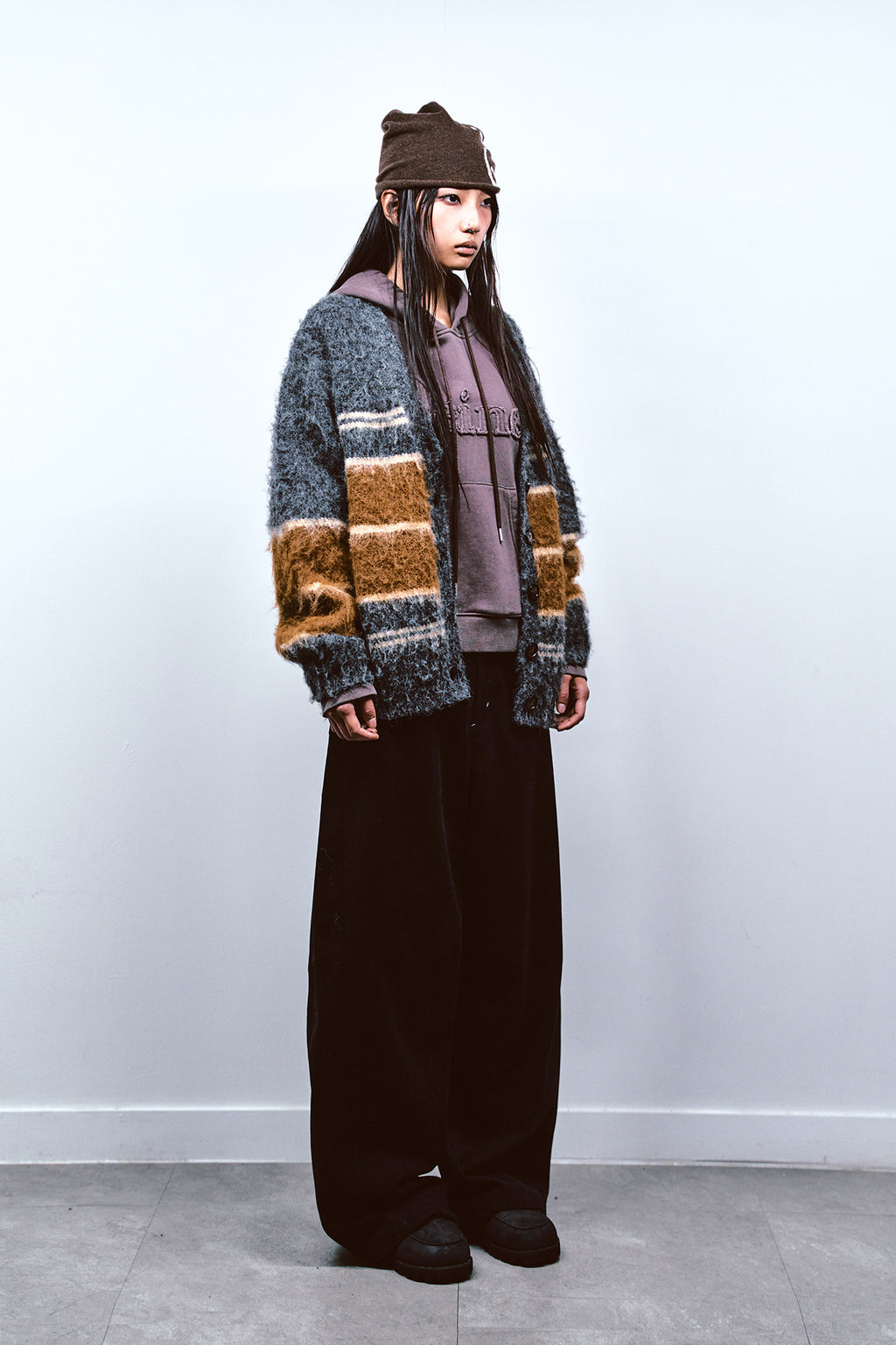 Deinet - Wool Blended Stripe Knit Cardigan (Grey) product image 2 | TRAB K-Fashion Australia