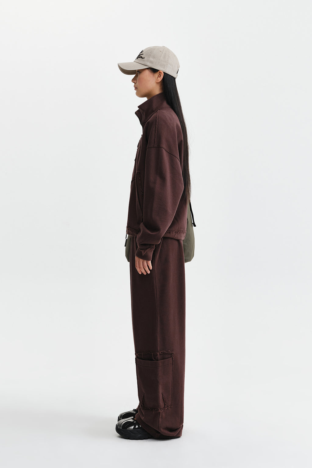 Matin Kim - [Pre-Order – Ships August 24] Mixed Waffle Applique Logo Zip Up (Brown) product image 7 | TRAB K-Fashion Australia
