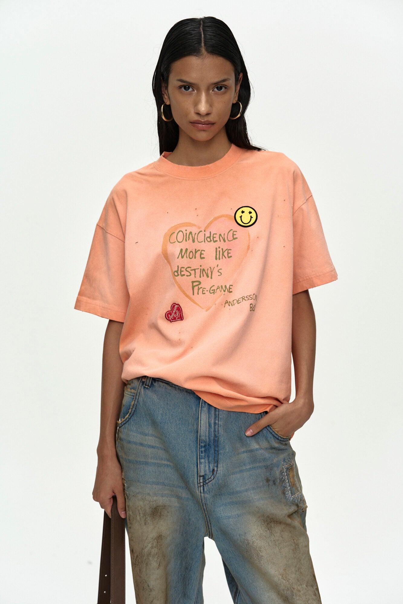 Andersson Bell - (essential) Unisex Spray Washed Heart Message T-Shirt (Orange) product image 10 | TRAB K-Fashion Australia