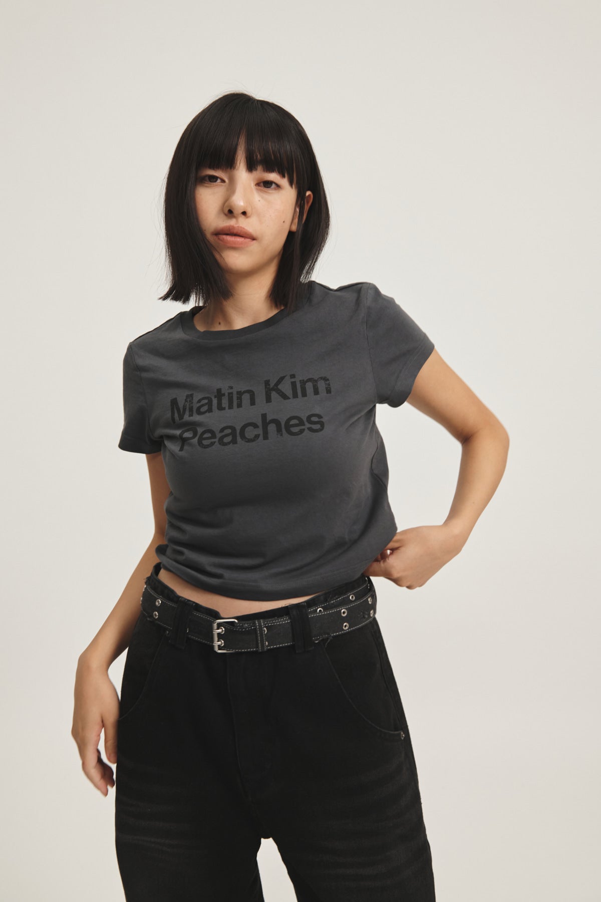 Matin Kim - Peaches Logo Graphic Crop Top (Charcoal) product image 14 | TRAB K-Fashion Australia
