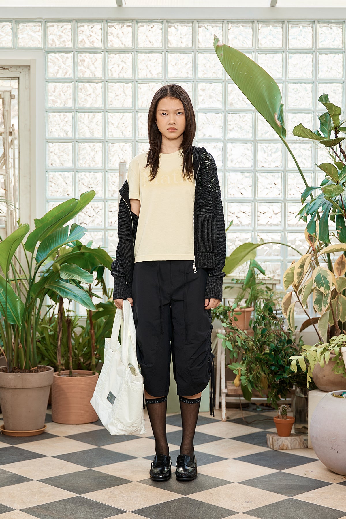 Matin Kim - Two Tone Mesh Knit Hoody Zip Up (Black) product image 18 | TRAB K-Fashion Australia