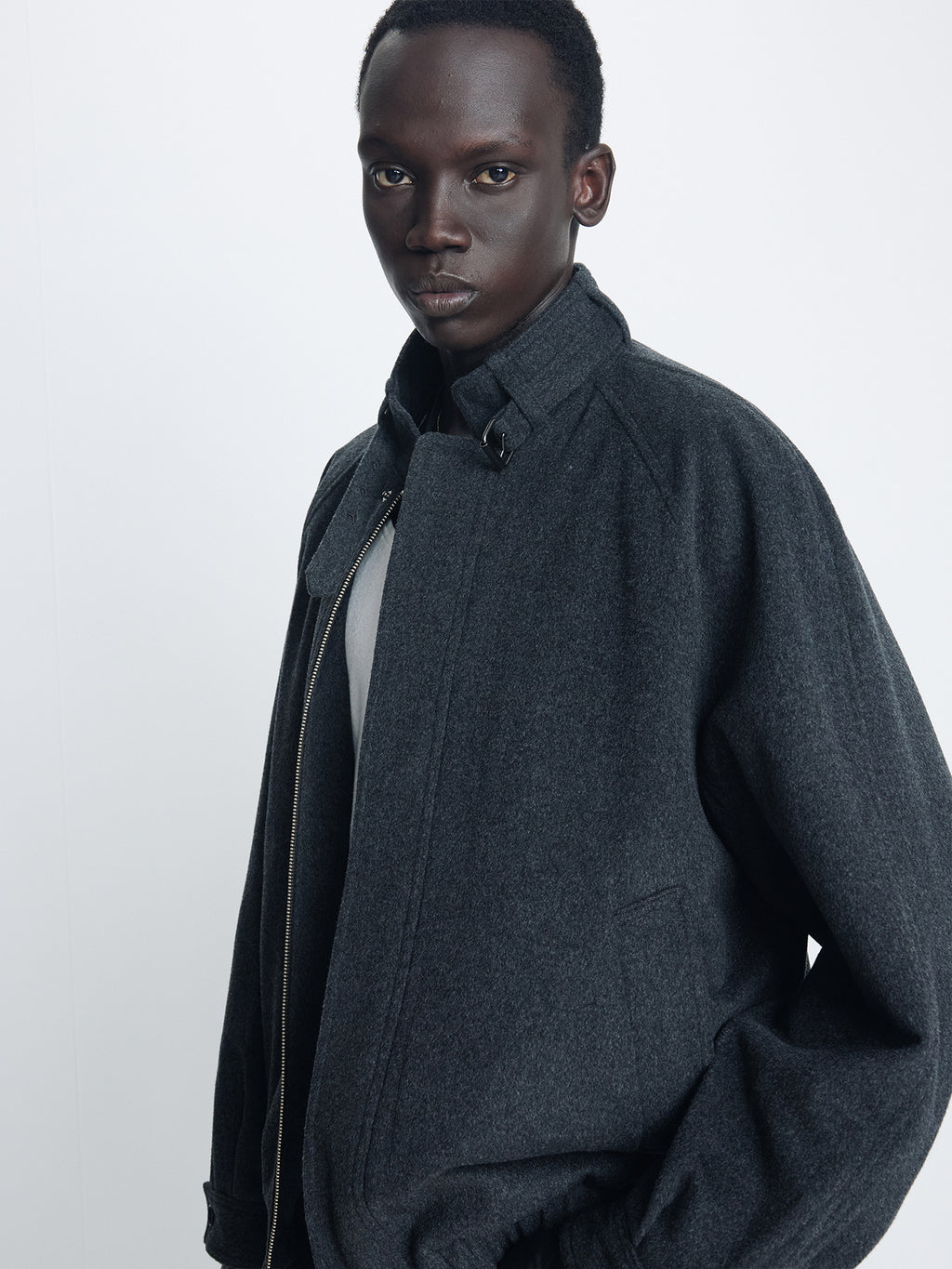 Tonywack - Wool Flannel Belted Stand Collar Bomber (Charcoal Anthracite) product image 4 | TRAB K-Fashion Australia