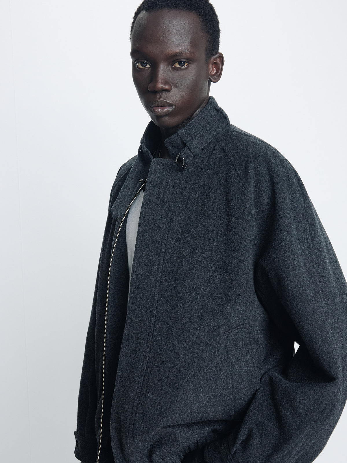 Tonywack - Wool Flannel Belted Stand Collar Bomber (Charcoal Anthracite) product image 4 | TRAB K-Fashion Australia