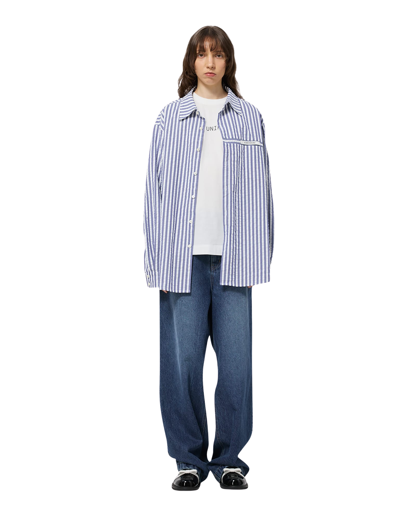 Kimhe Kim - Stripped Label Shirt (Blue) product image 1 | TRAB K-Fashion Australia