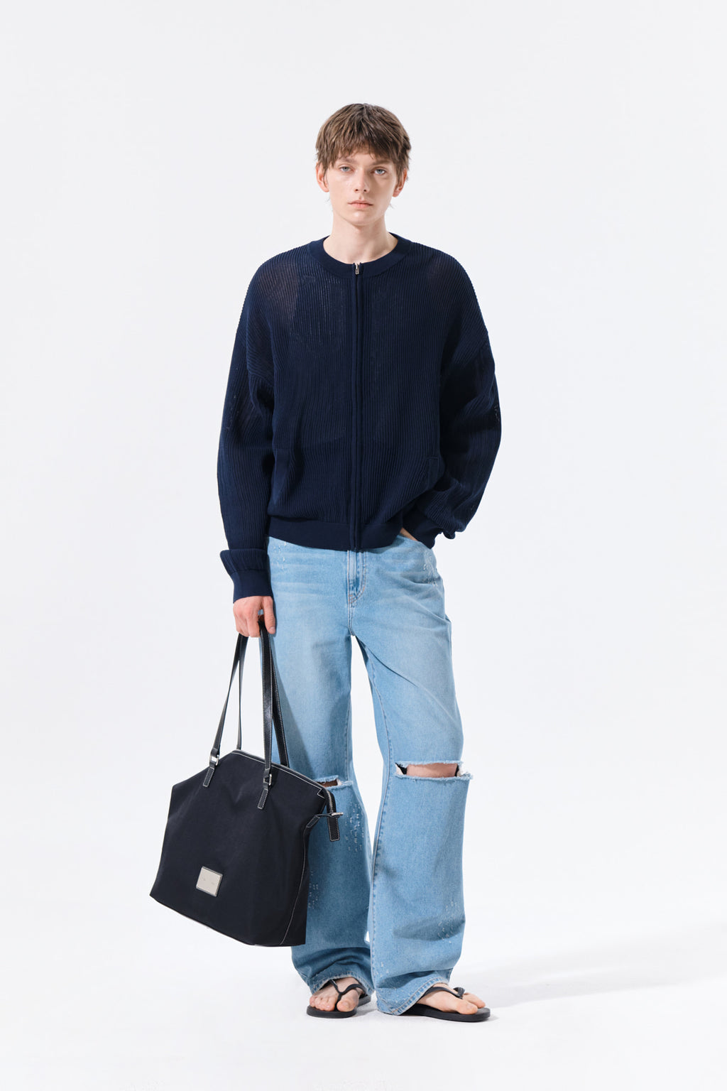 Matin Kim - Back Logo Jacquard Mesh Knit Zip Up (Navy) product image 16 | TRAB K-Fashion Australia